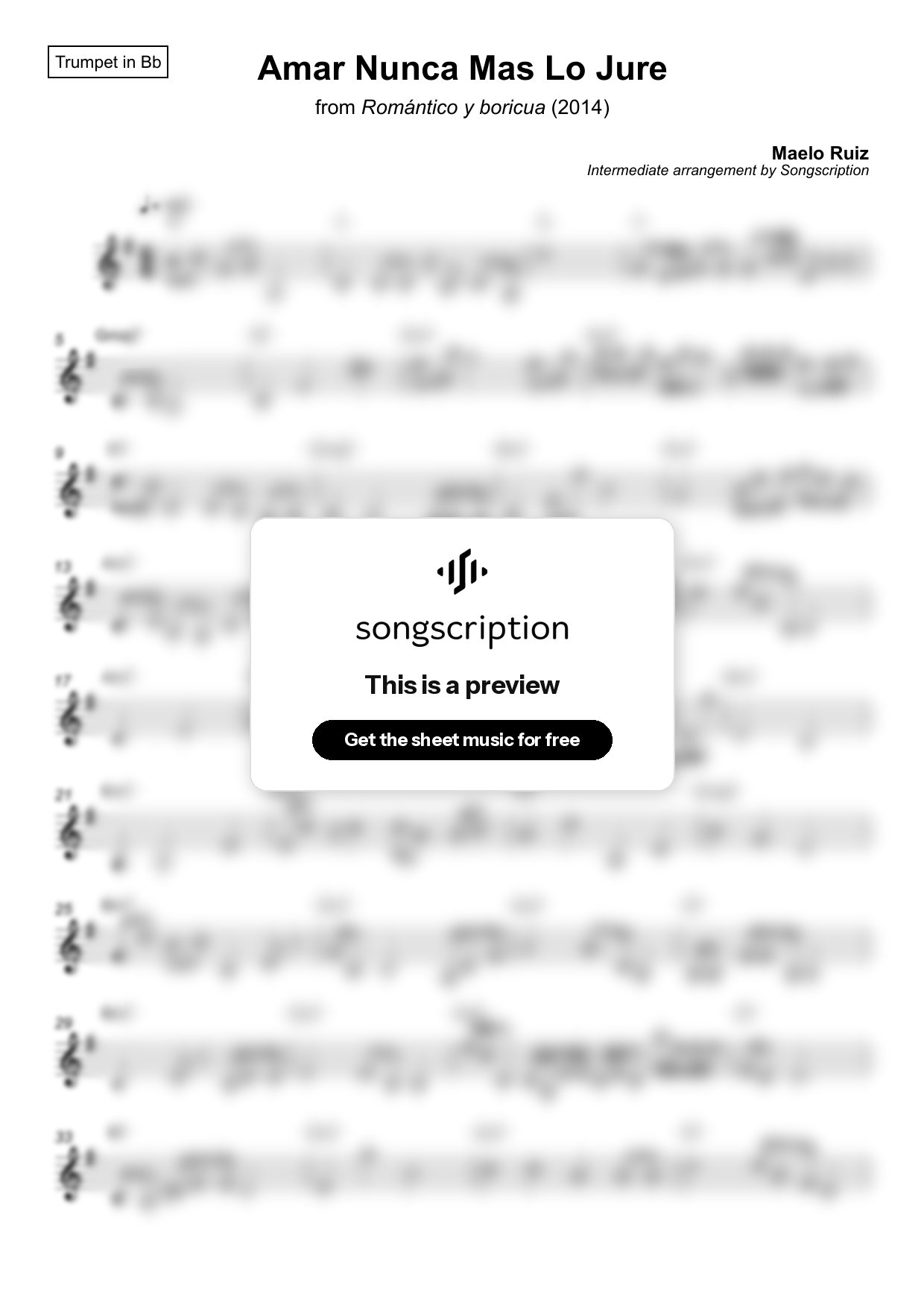 Intermediate Trumpet Sheet Music for "Amar Nunca Mas Lo Jure" by Maelo Ruiz