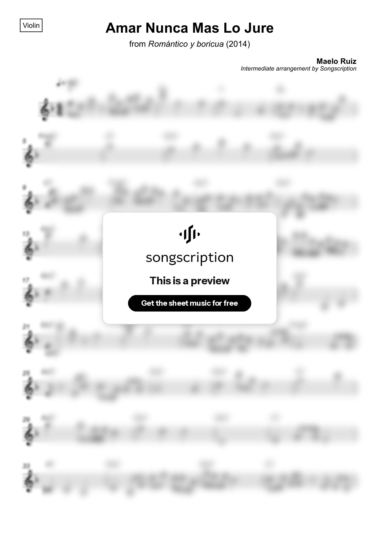 Intermediate Violin Sheet Music for "Amar Nunca Mas Lo Jure" by Maelo Ruiz