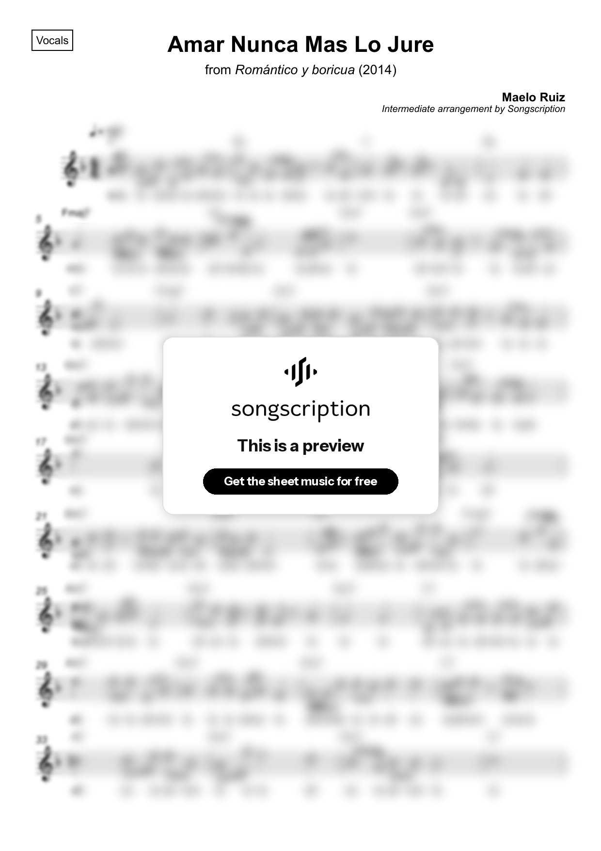 Intermediate Vocals Sheet Music for "Amar Nunca Mas Lo Jure" by Maelo Ruiz