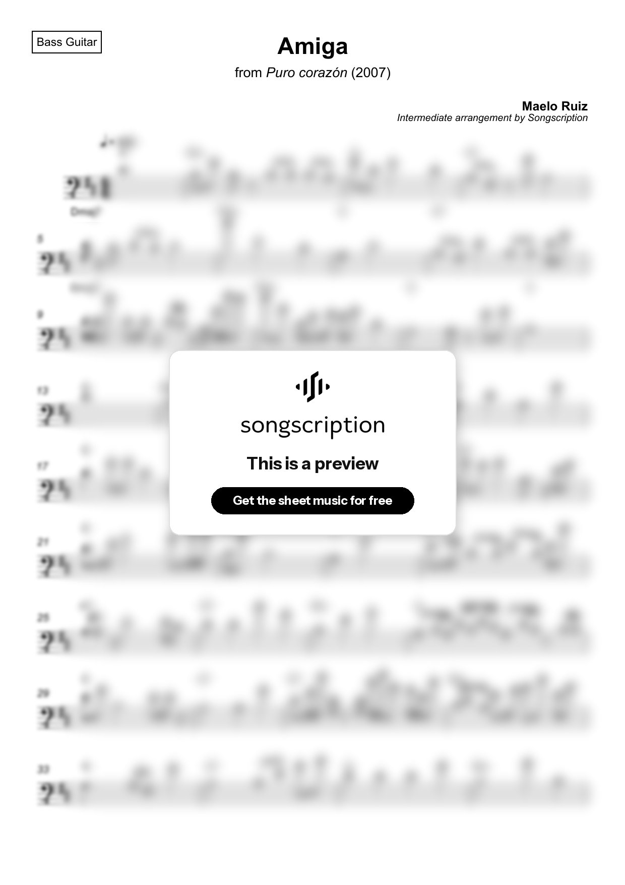 Intermediate Bass Guitar Sheet Music for "Amiga" by Maelo Ruiz