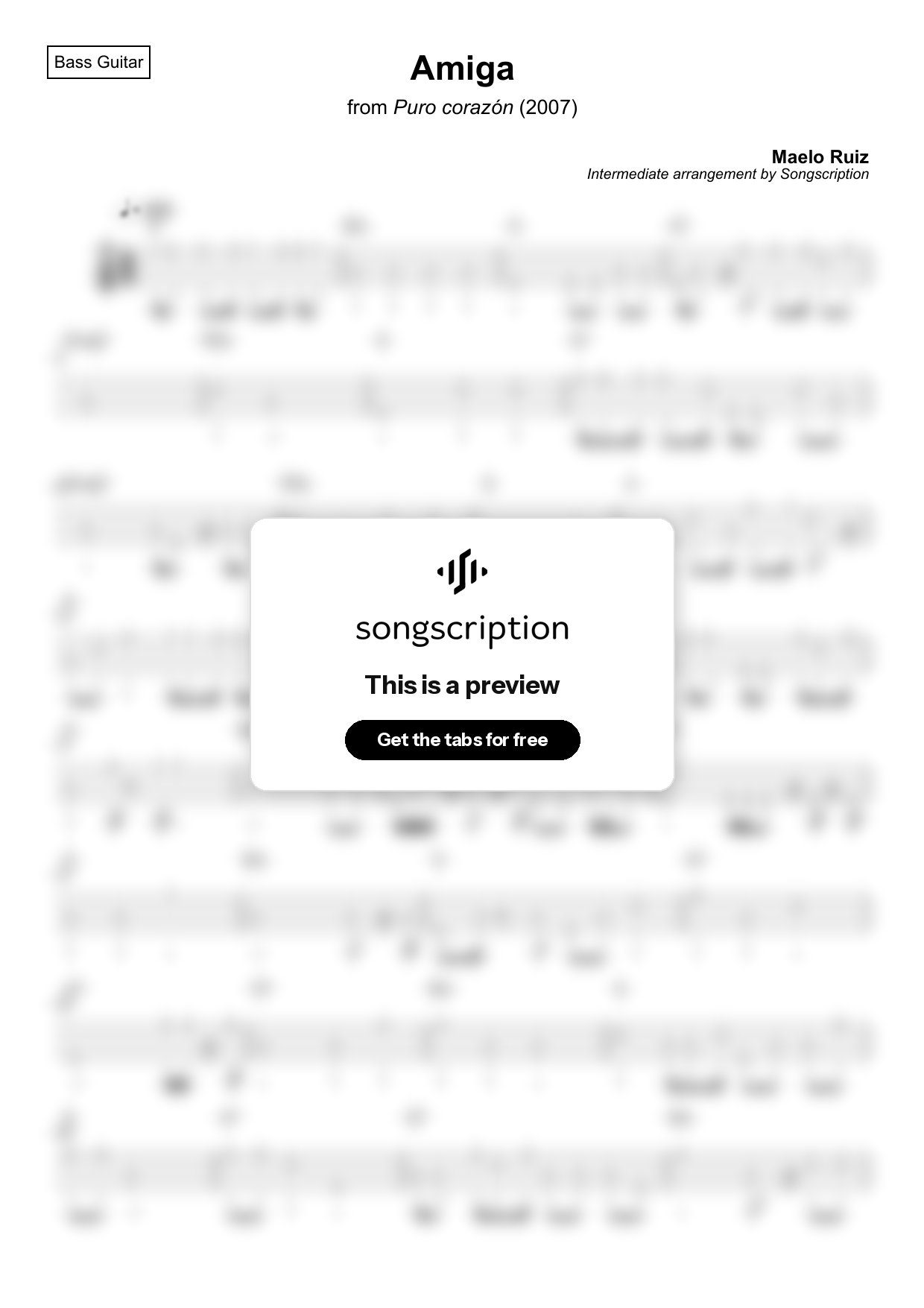 Intermediate Bass Guitar Tabs for "Amiga" by Maelo Ruiz
