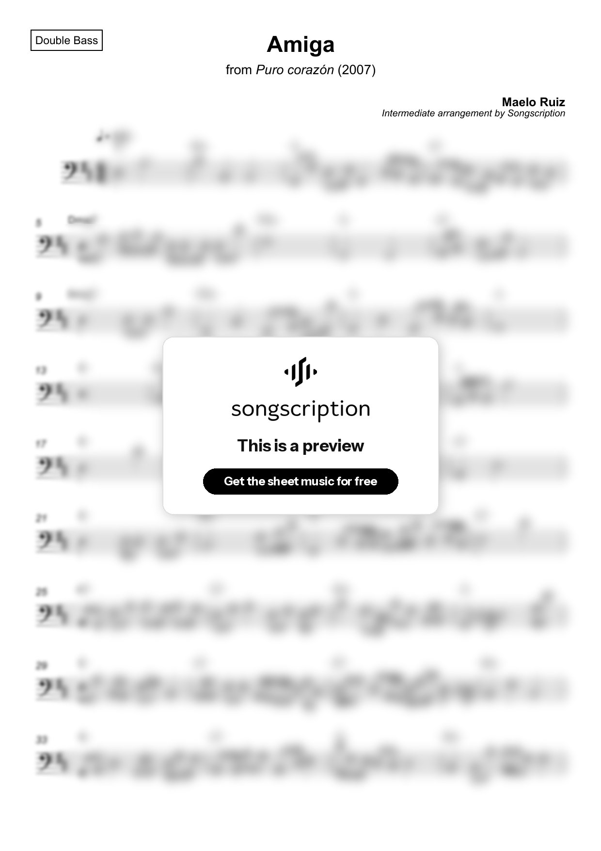Intermediate Double Bass Sheet Music for "Amiga" by Maelo Ruiz