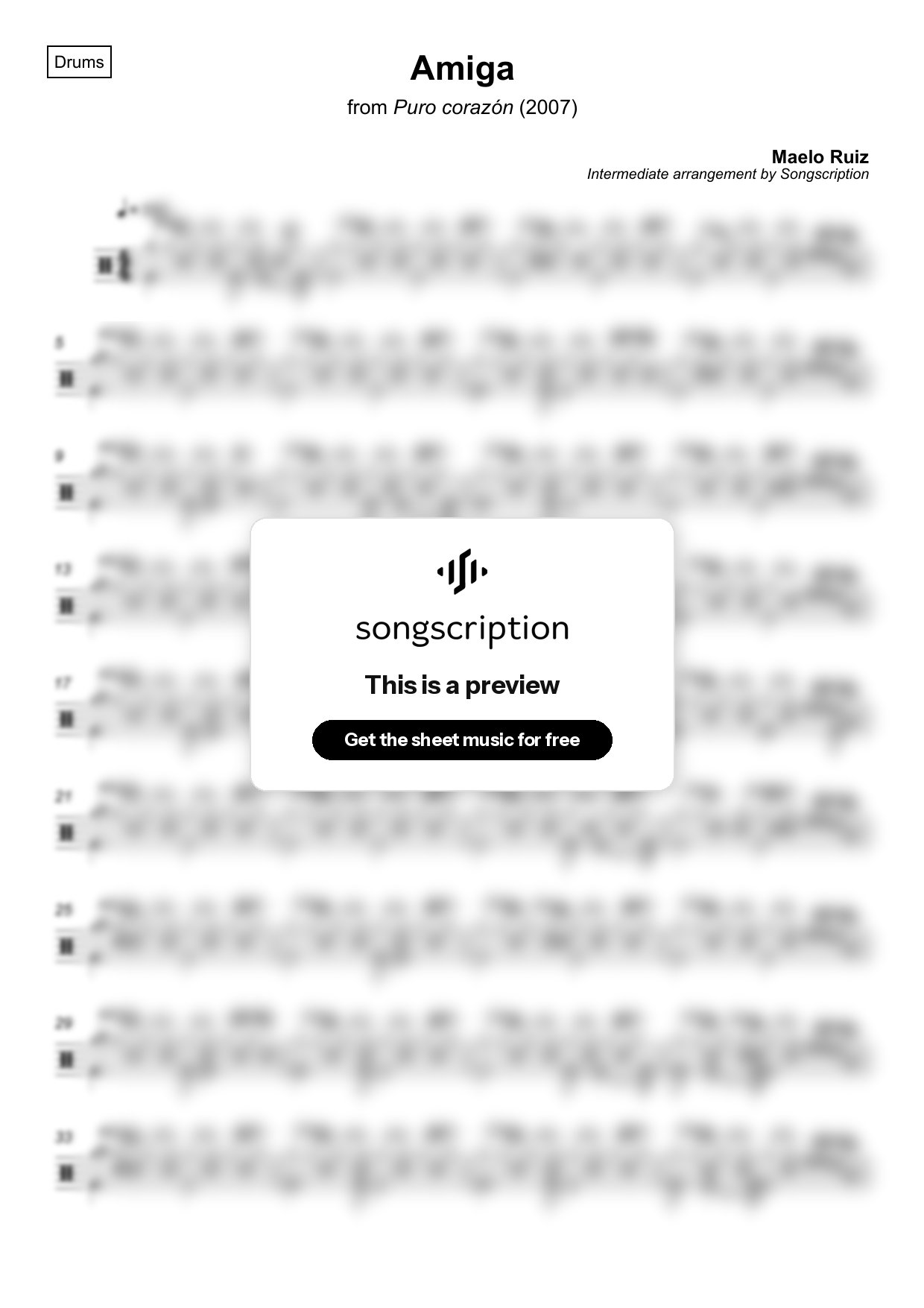 Intermediate Drums Sheet Music for "Amiga" by Maelo Ruiz