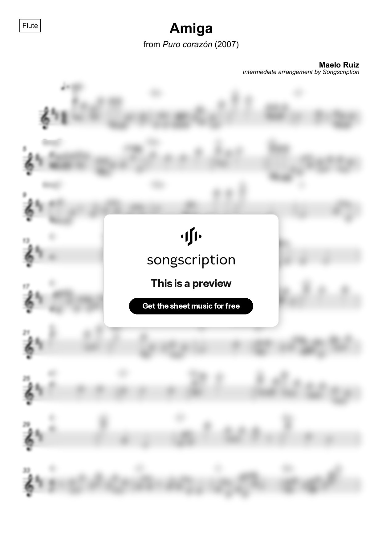 Intermediate Flute Sheet Music for "Amiga" by Maelo Ruiz