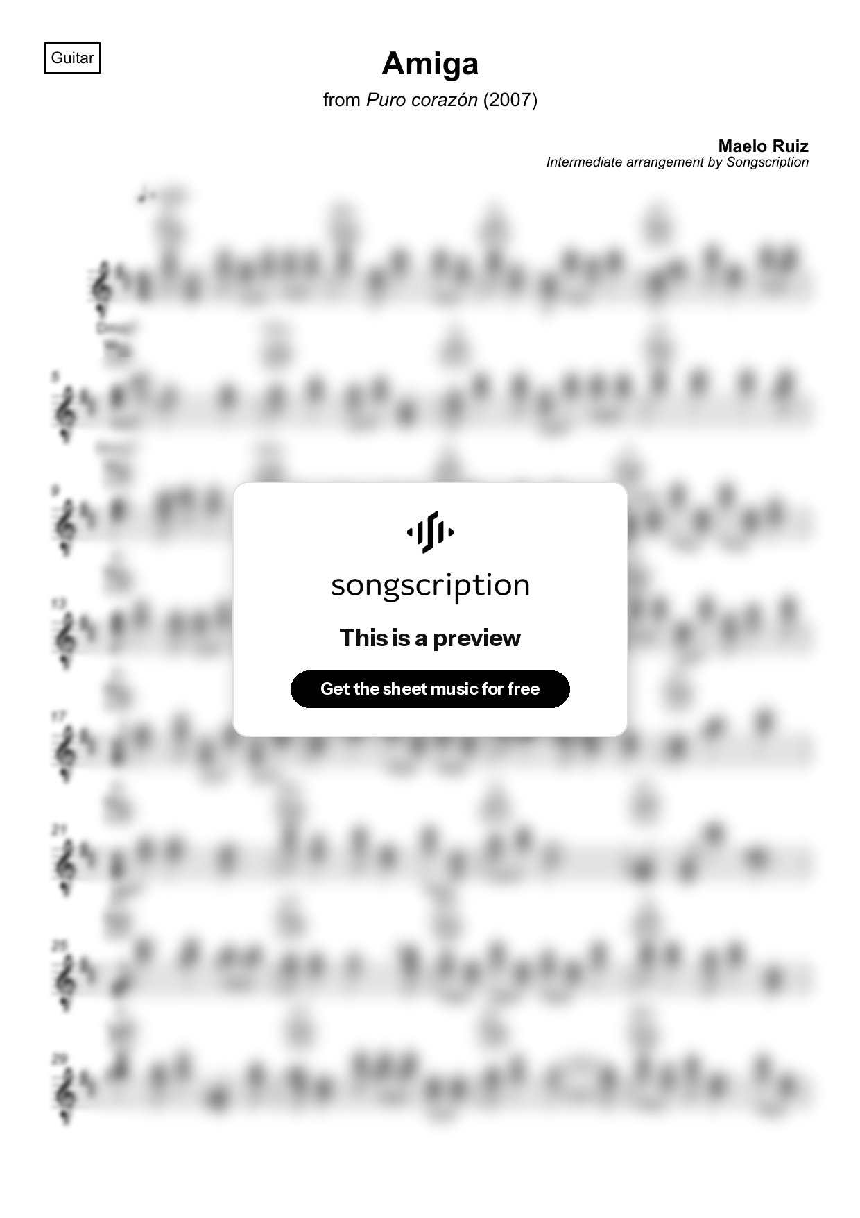 Intermediate Acoustic Guitar Sheet Music for "Amiga" by Maelo Ruiz