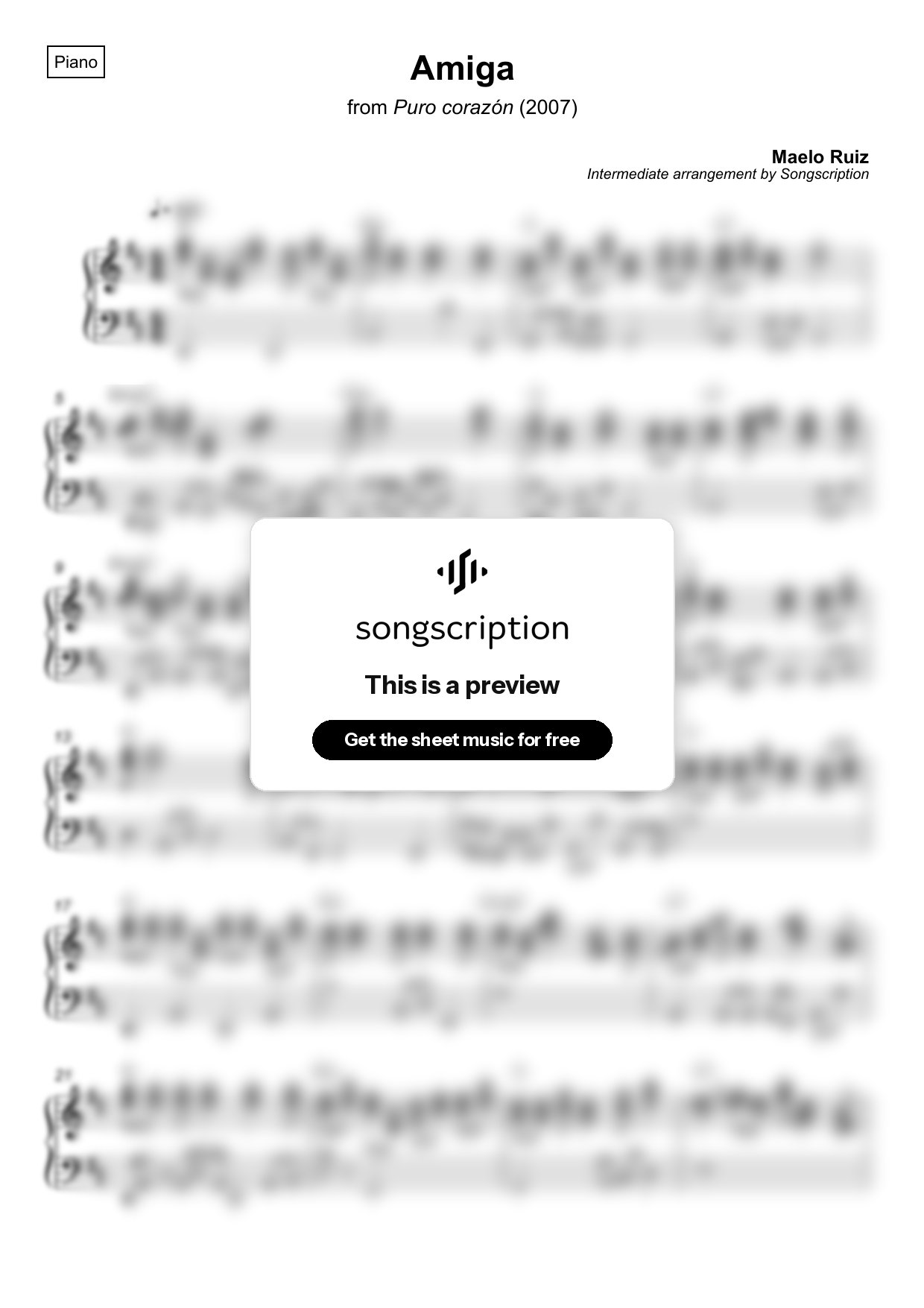 Intermediate Piano Sheet Music for "Amiga" by Maelo Ruiz