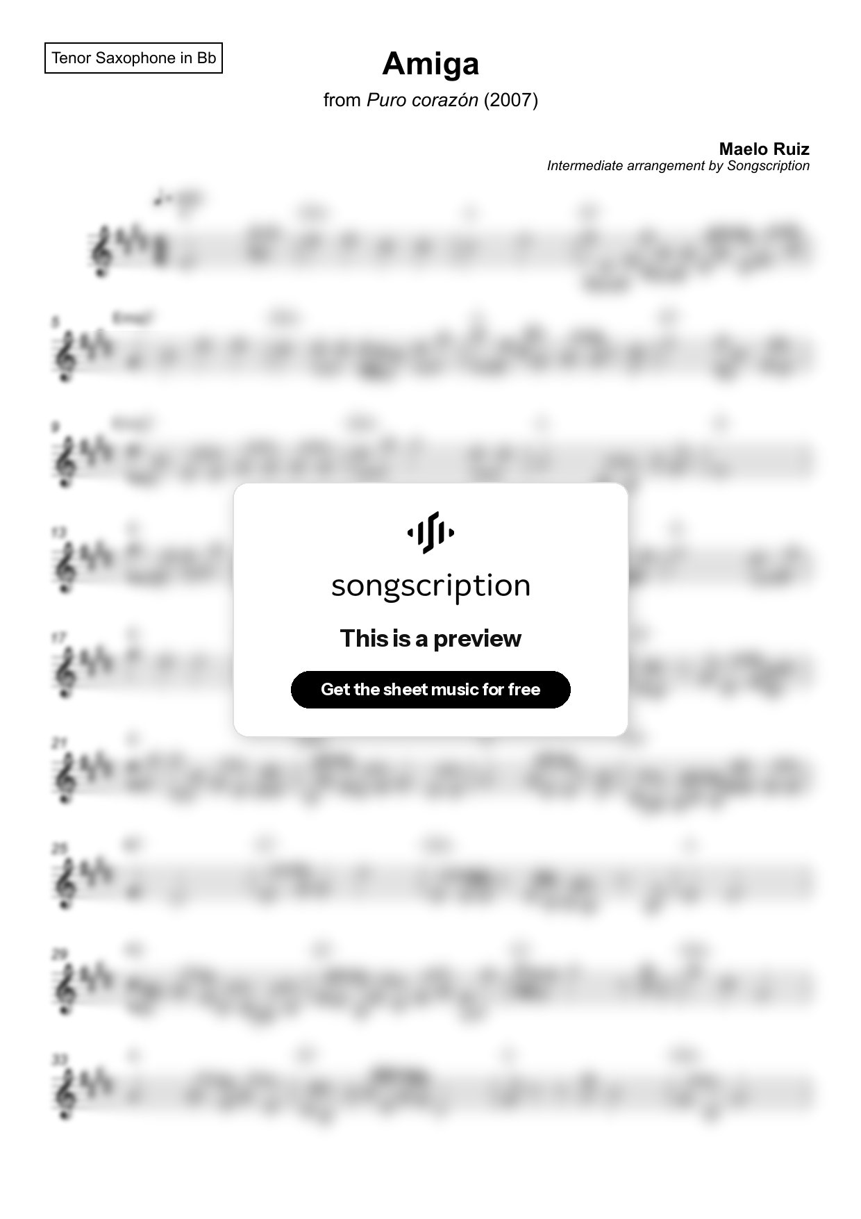 Intermediate Tenor Sax Sheet Music for "Amiga" by Maelo Ruiz