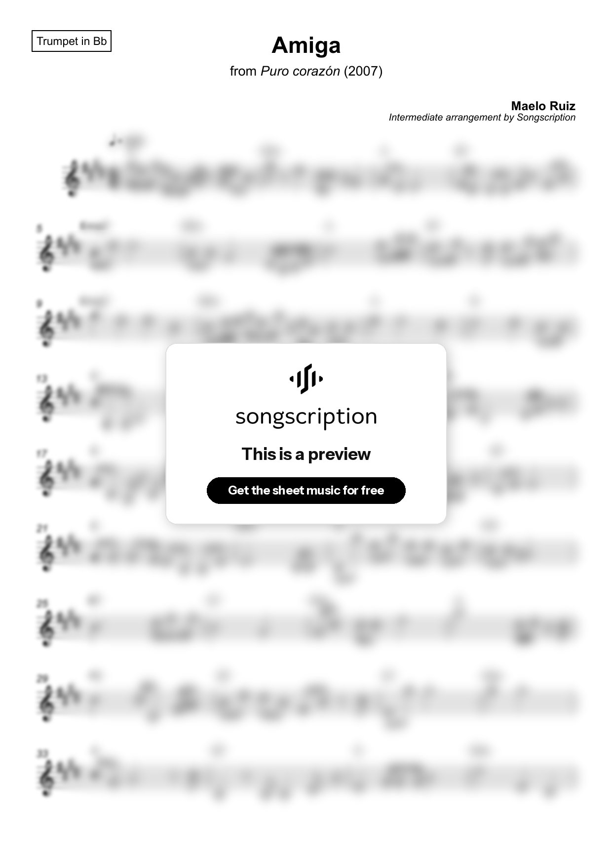 Intermediate Trumpet Sheet Music for "Amiga" by Maelo Ruiz