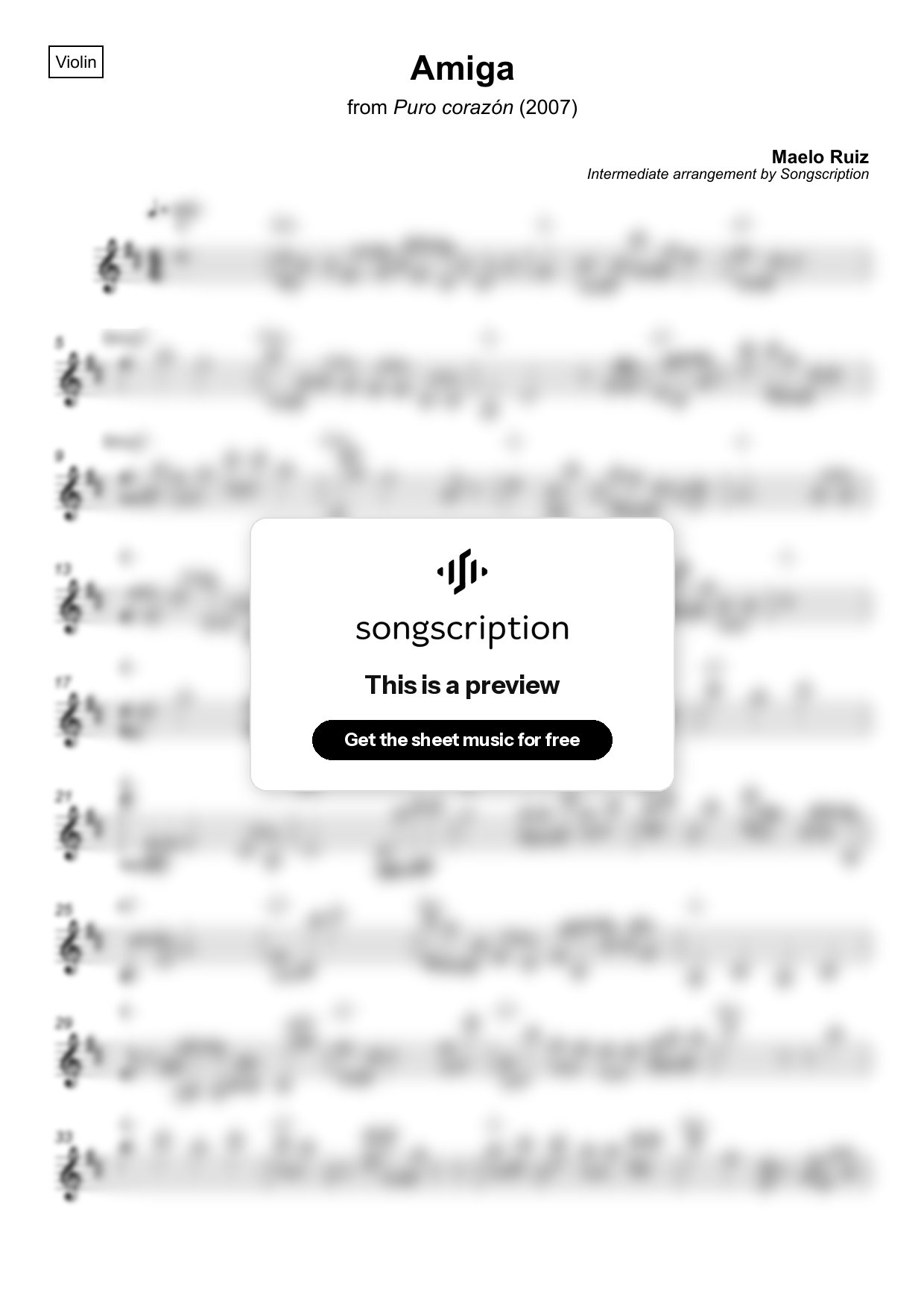 Intermediate Violin Sheet Music for "Amiga" by Maelo Ruiz