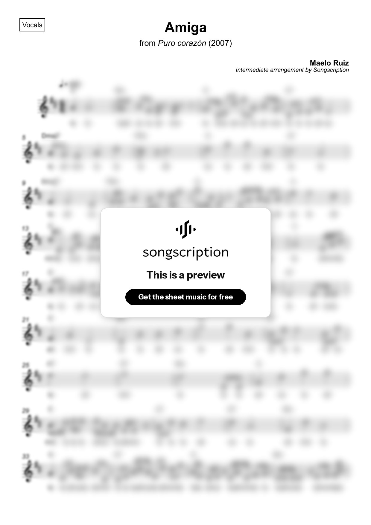 Intermediate Vocals Sheet Music for "Amiga" by Maelo Ruiz