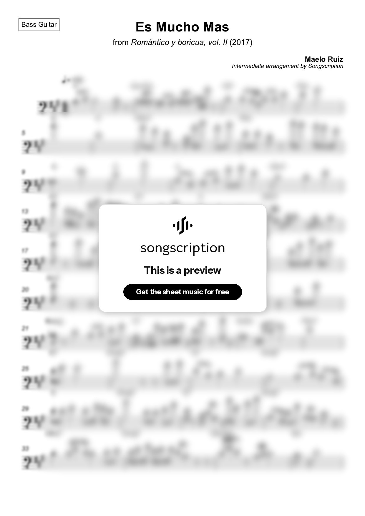 Intermediate Bass Guitar Sheet Music for "Es Mucho Mas" by Maelo Ruiz
