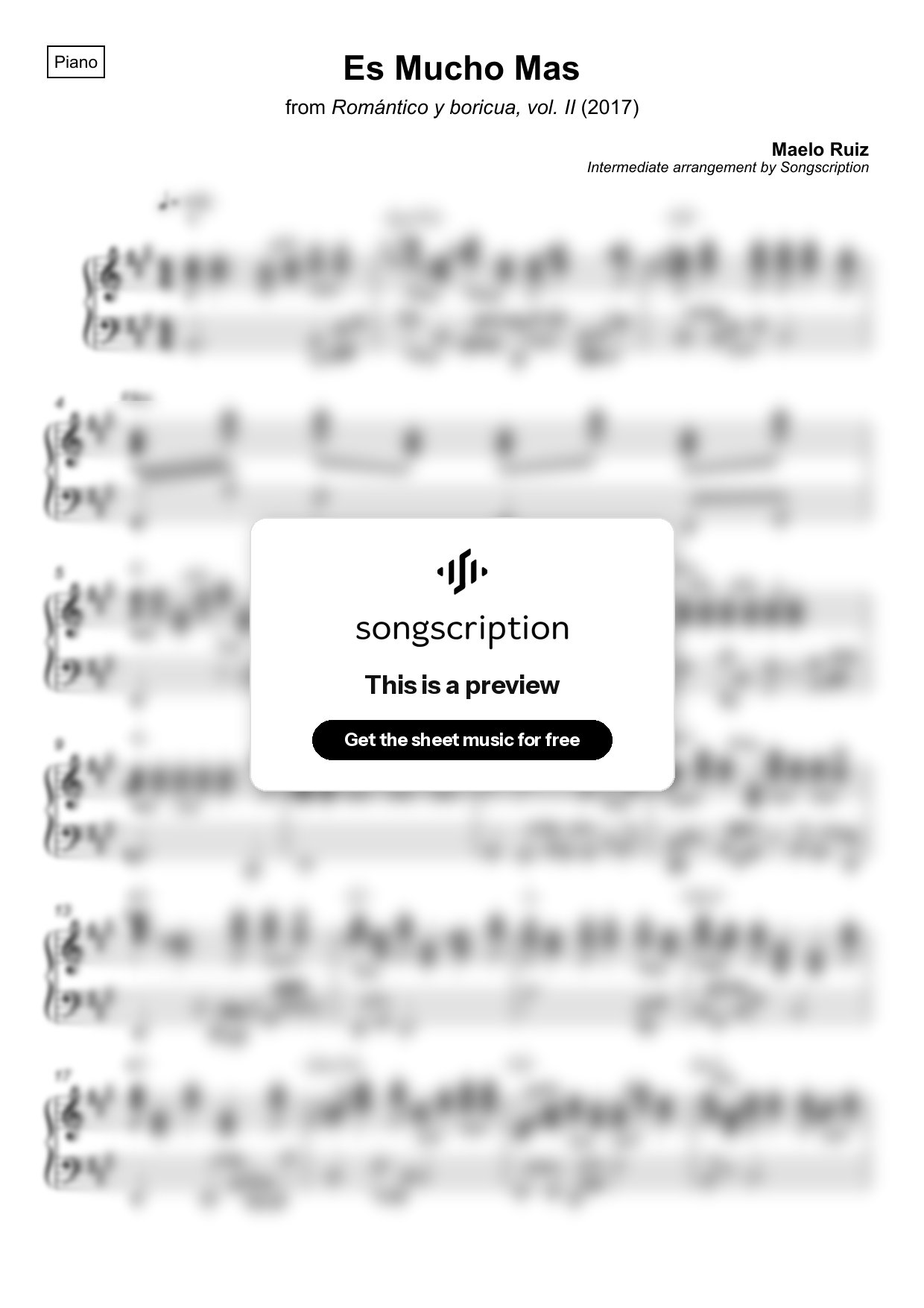 Intermediate Piano Sheet Music for "Es Mucho Mas" by Maelo Ruiz