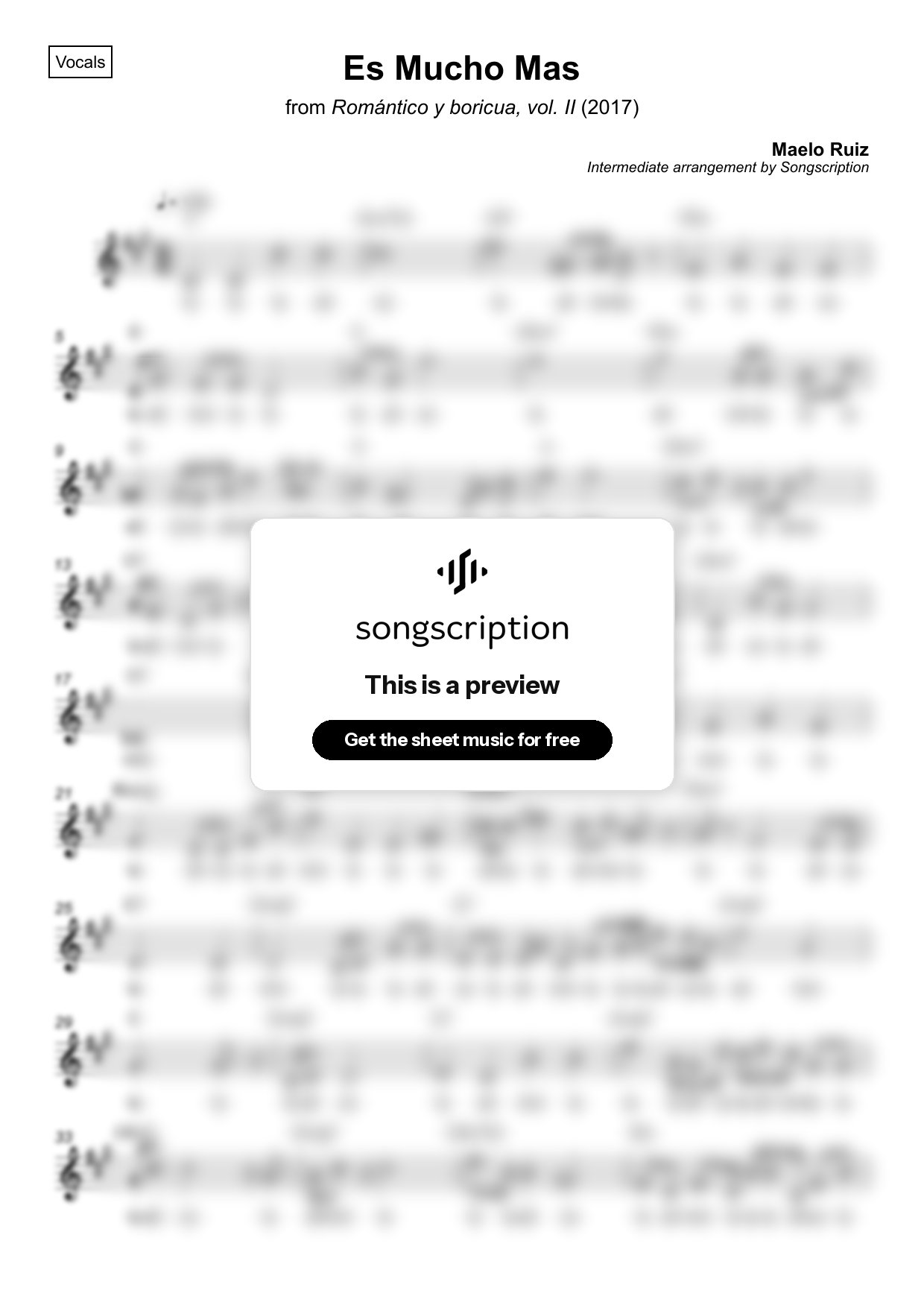 Intermediate Vocals Sheet Music for "Es Mucho Mas" by Maelo Ruiz