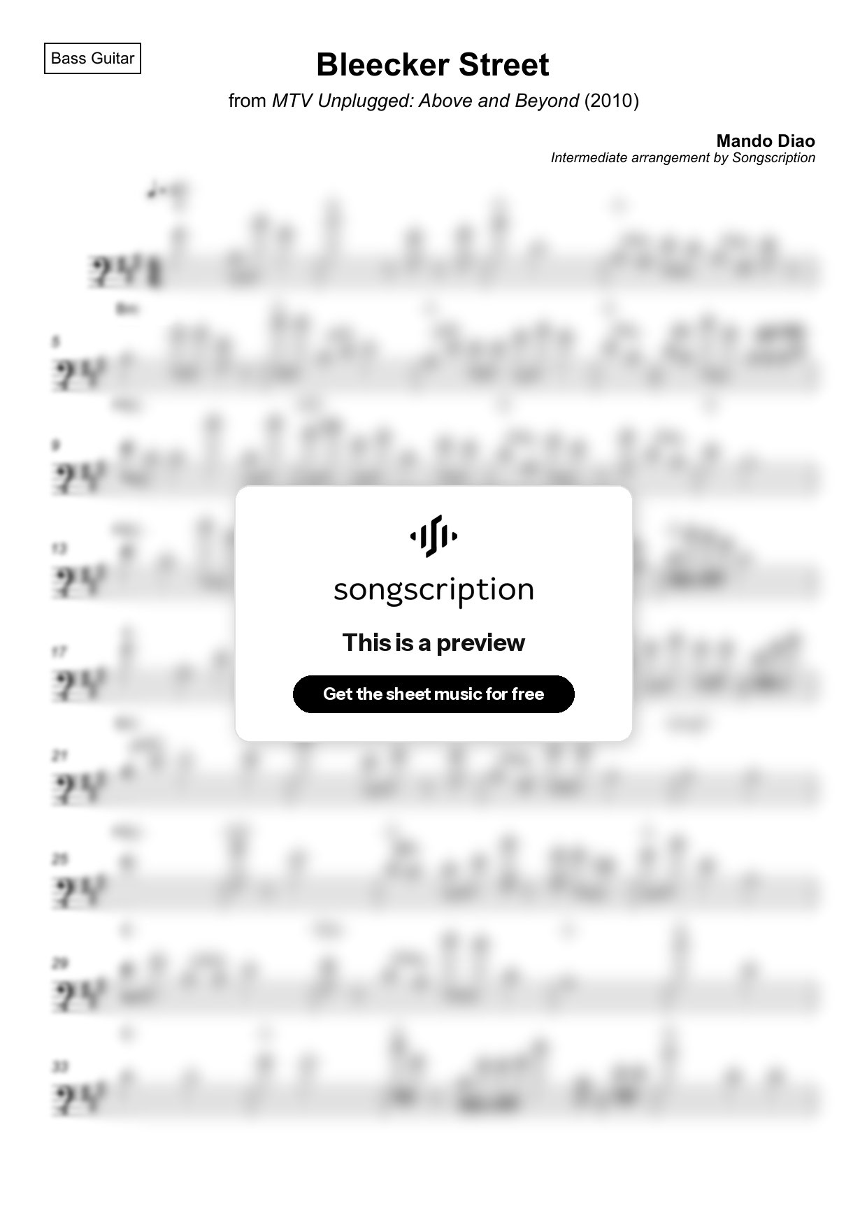 Intermediate Bass Guitar Sheet Music for "Bleecker Street" by Mando Diao