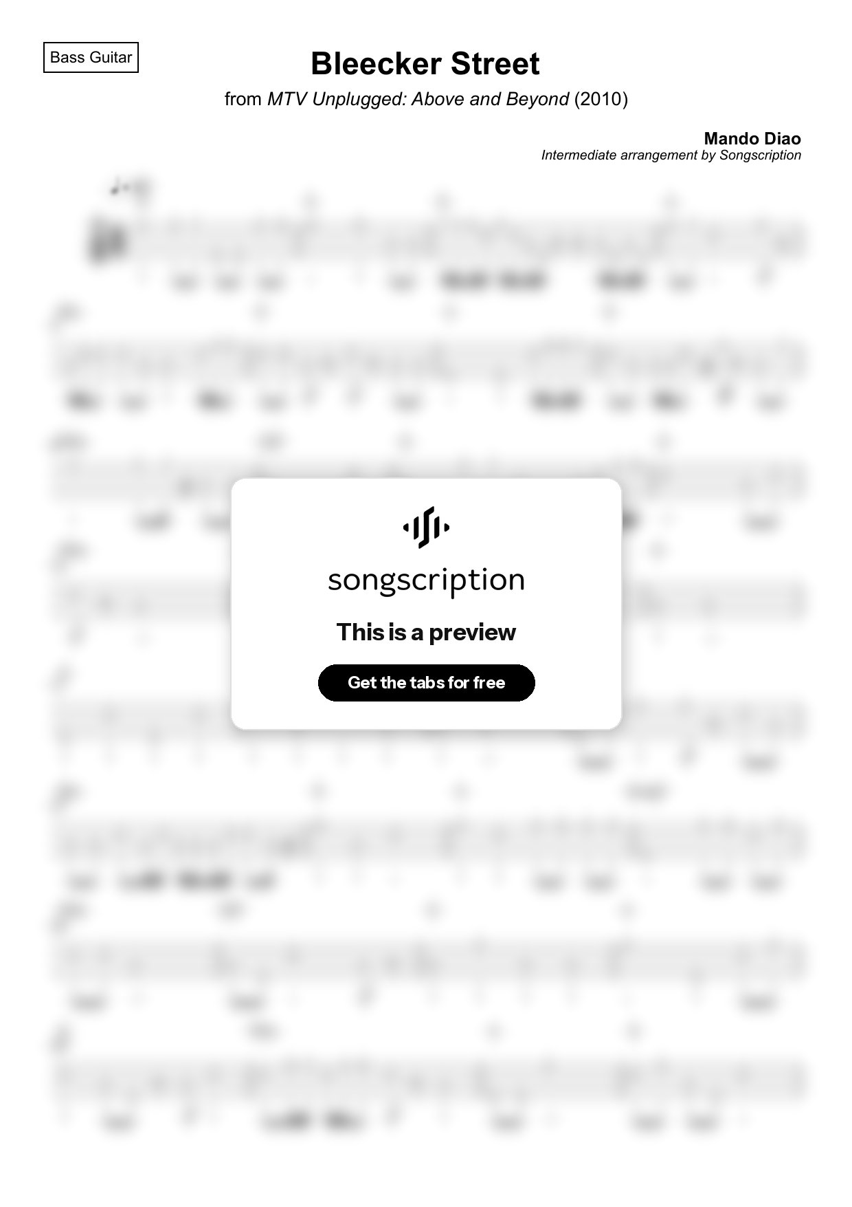 Intermediate Bass Guitar Tabs for "Bleecker Street" by Mando Diao