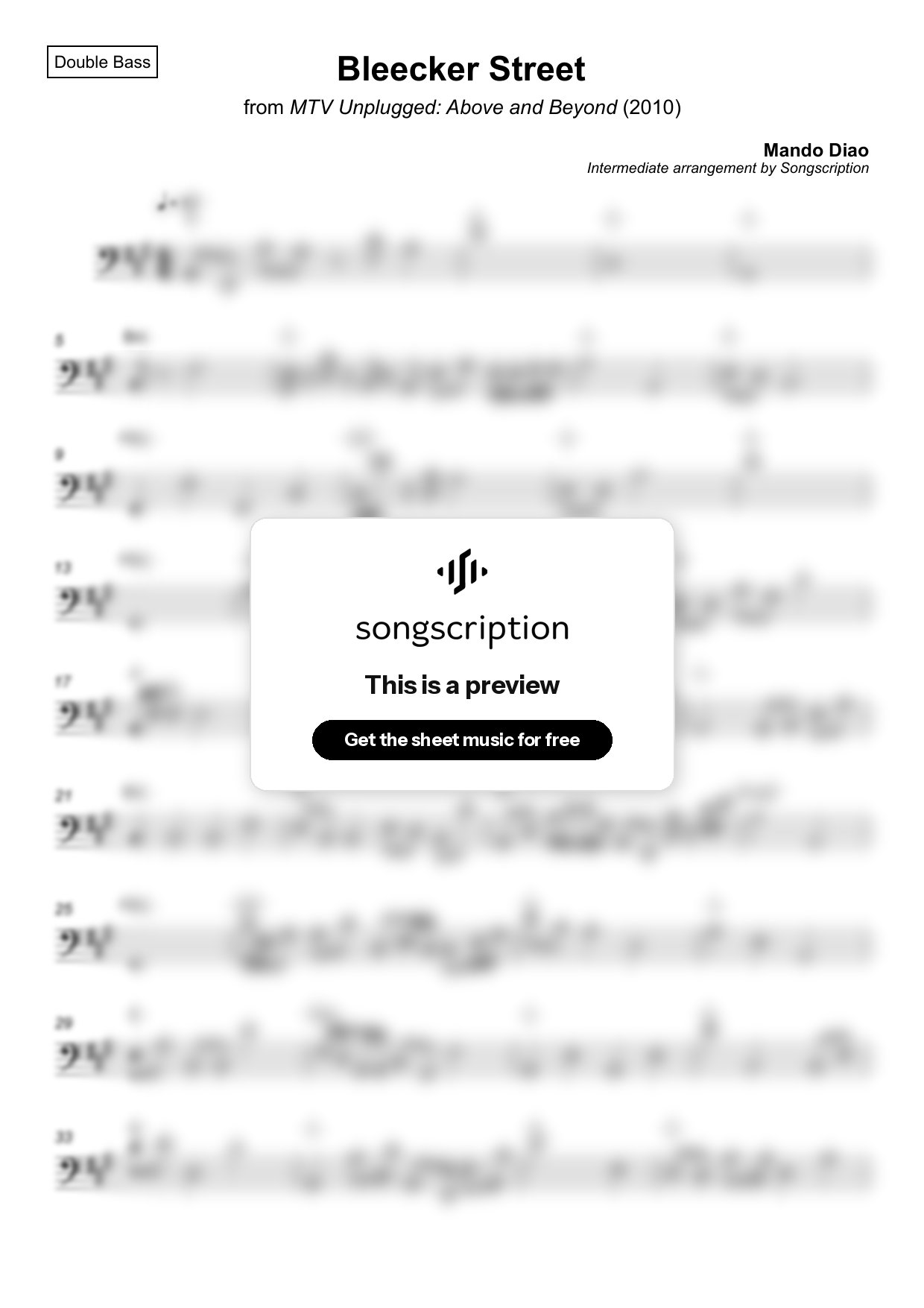 Intermediate Double Bass Sheet Music for "Bleecker Street" by Mando Diao