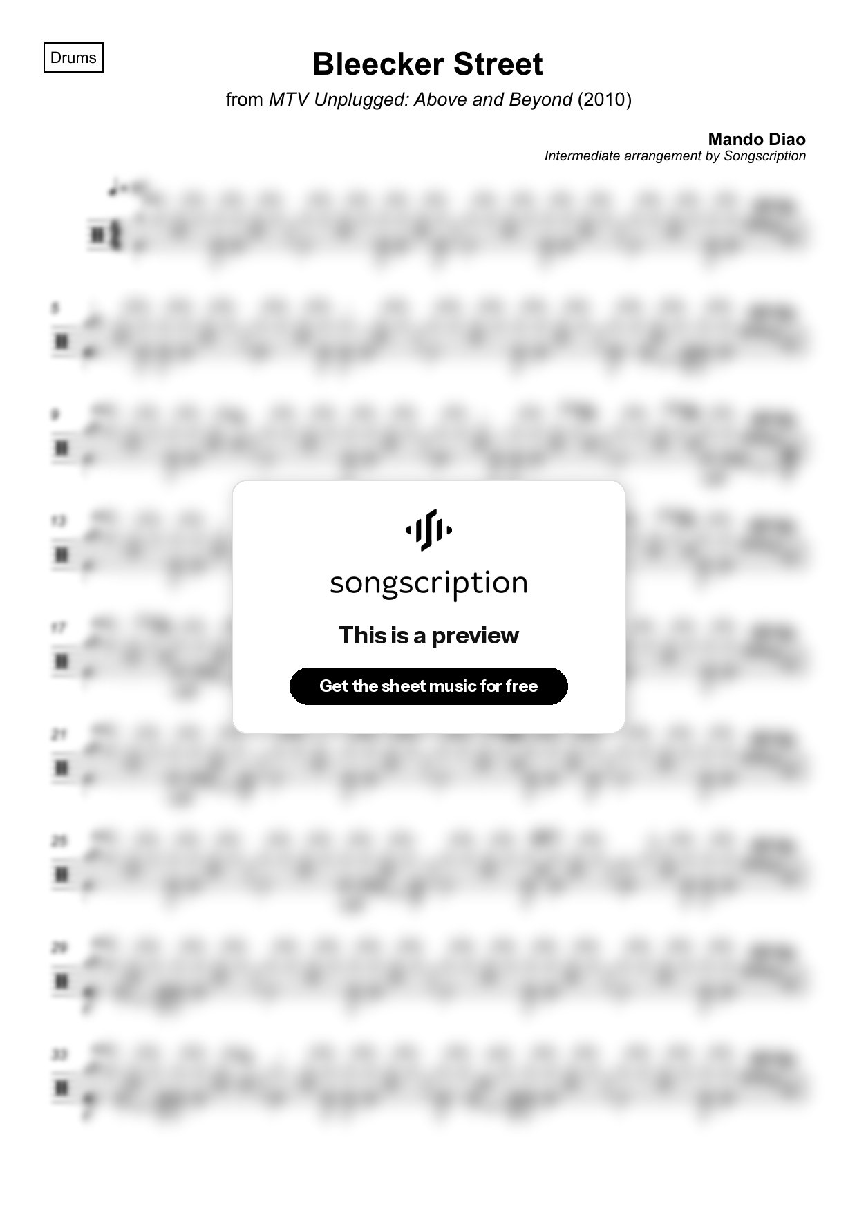 Intermediate Drums Sheet Music for "Bleecker Street" by Mando Diao