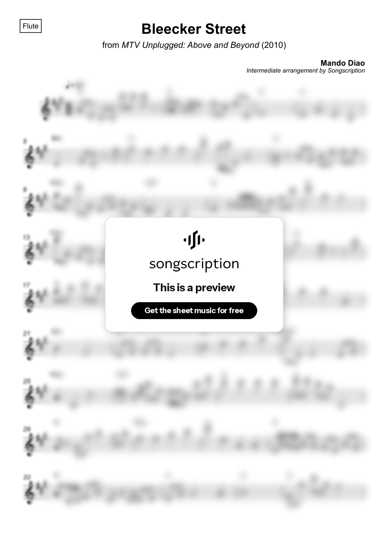 Intermediate Flute Sheet Music for "Bleecker Street" by Mando Diao