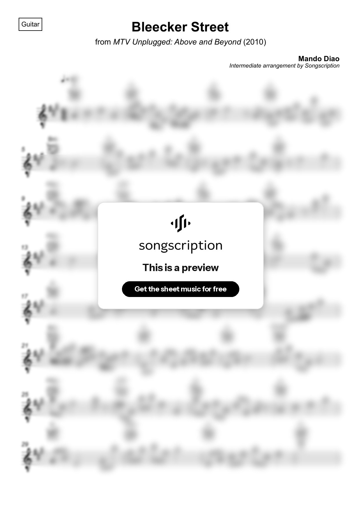 Intermediate Acoustic Guitar Sheet Music for "Bleecker Street" by Mando Diao