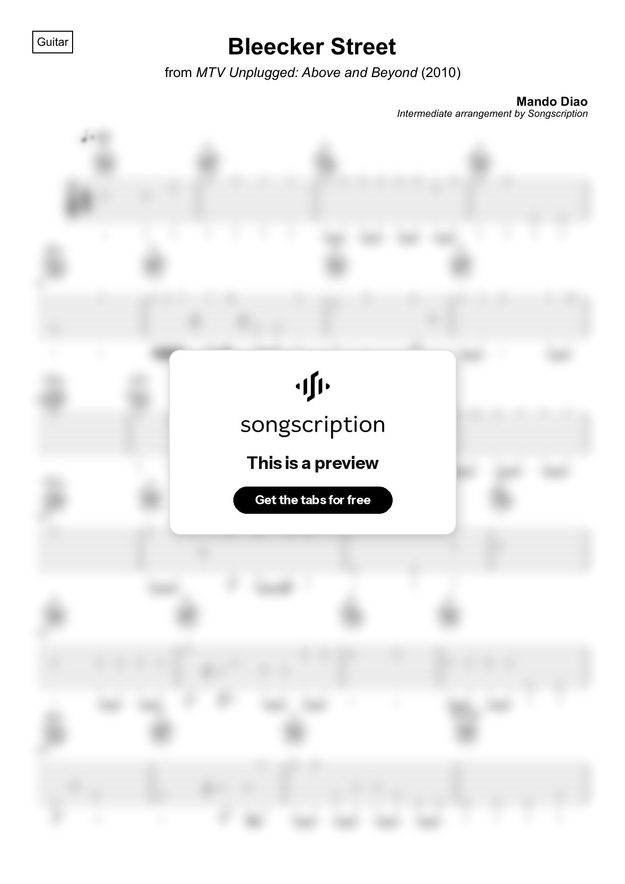 Intermediate Acoustic Guitar Tabs for "Bleecker Street" by Mando Diao