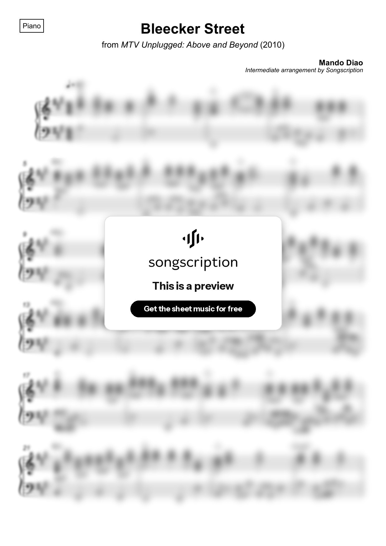 Intermediate Piano Sheet Music for "Bleecker Street" by Mando Diao