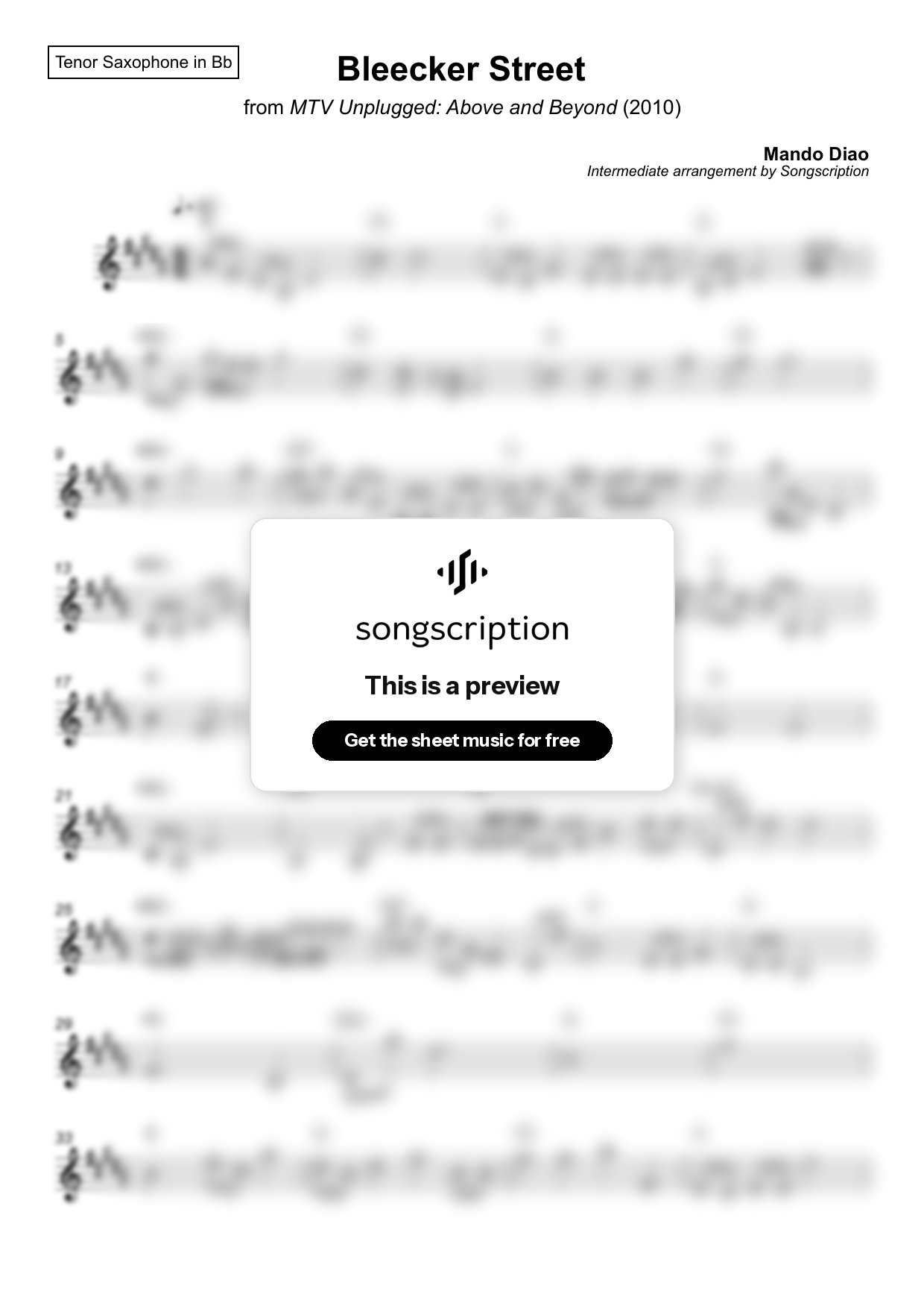 Intermediate Tenor Sax Sheet Music for "Bleecker Street" by Mando Diao