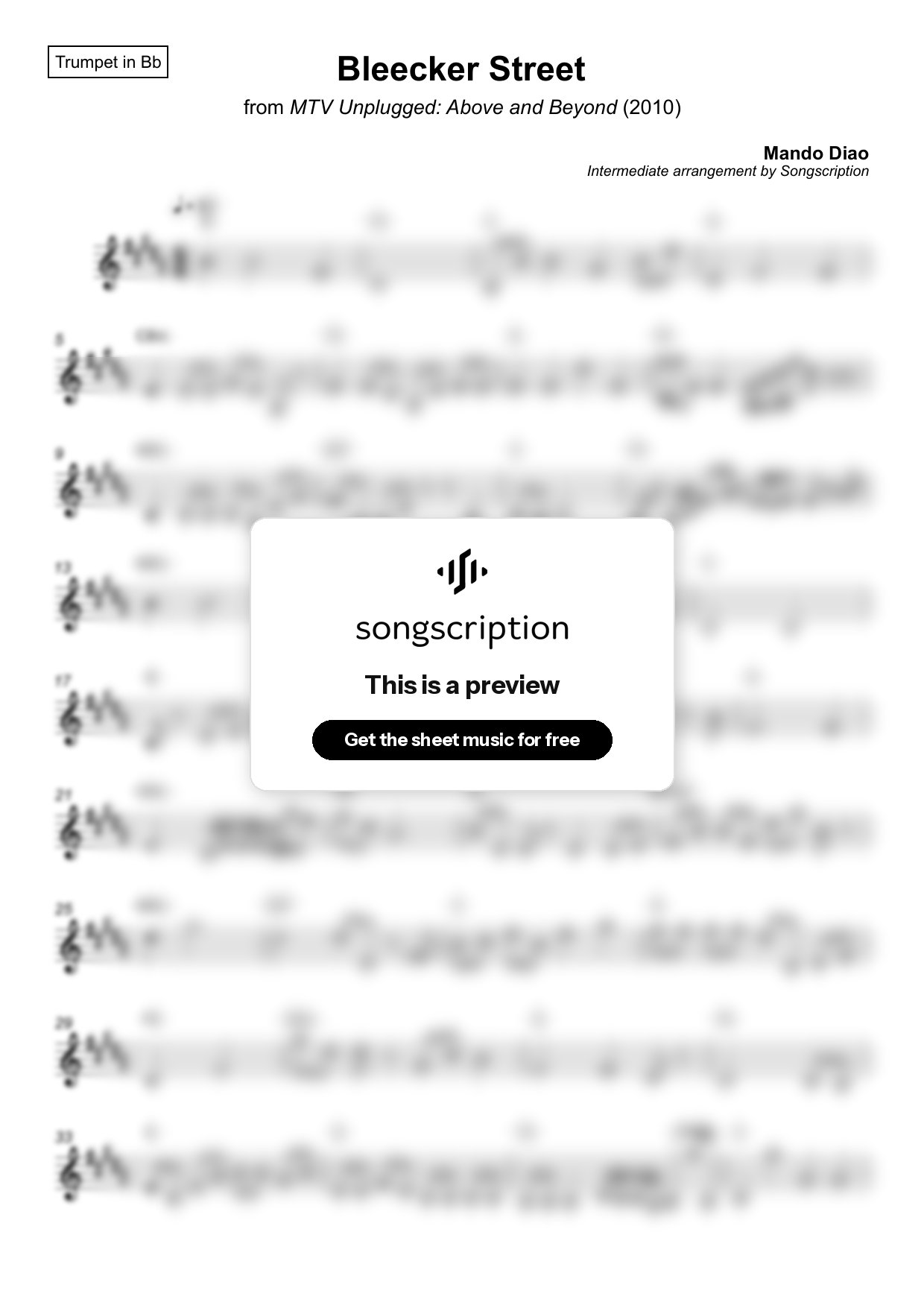 Intermediate Trumpet Sheet Music for "Bleecker Street" by Mando Diao
