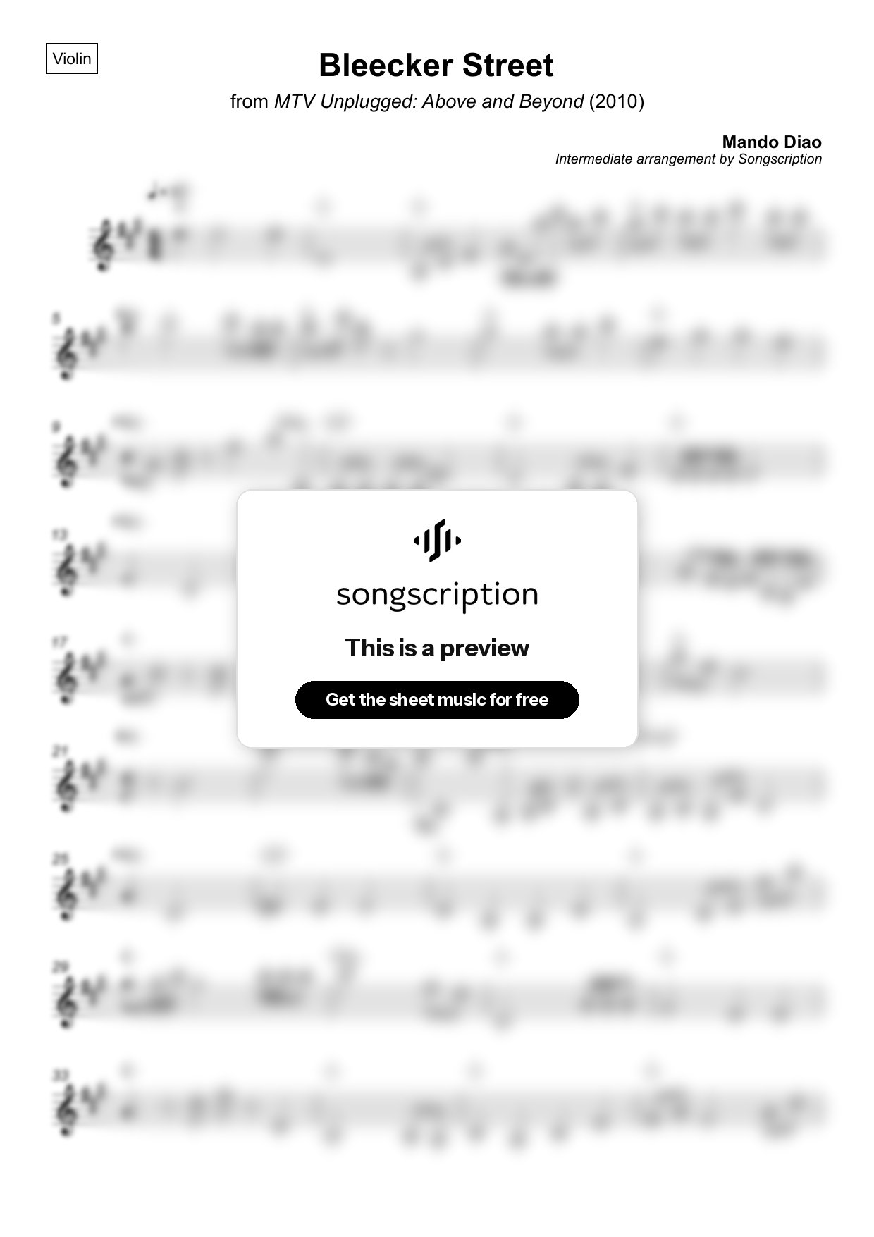Intermediate Violin Sheet Music for "Bleecker Street" by Mando Diao