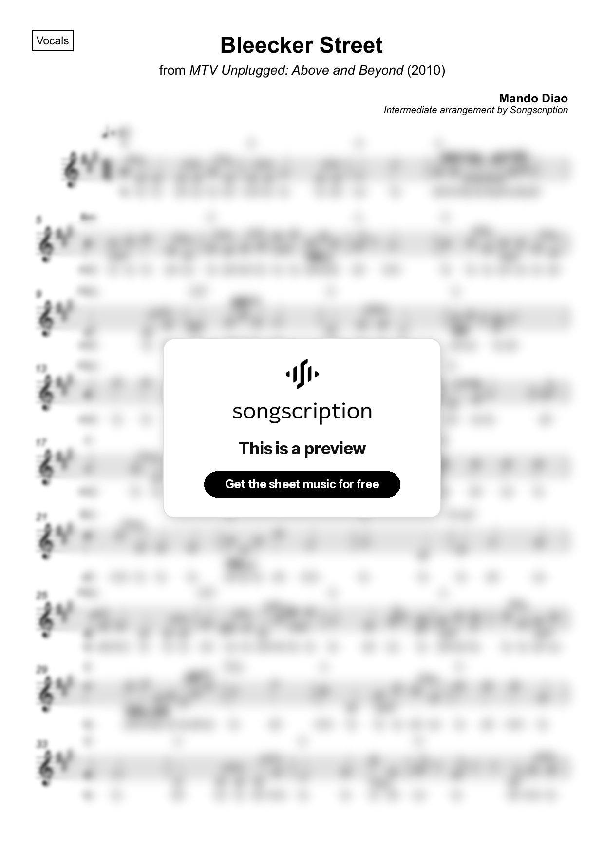 Intermediate Vocals Sheet Music for "Bleecker Street" by Mando Diao