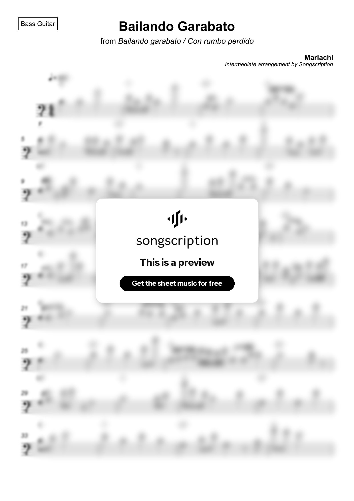 Intermediate Bass Guitar Sheet Music for "Bailando Garabato" by Mariachi