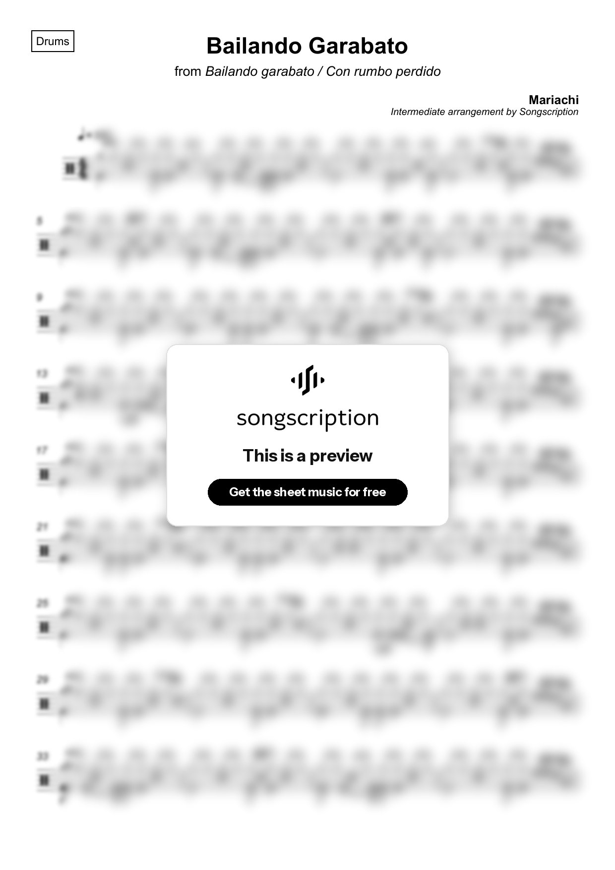 Intermediate Drums Sheet Music for "Bailando Garabato" by Mariachi