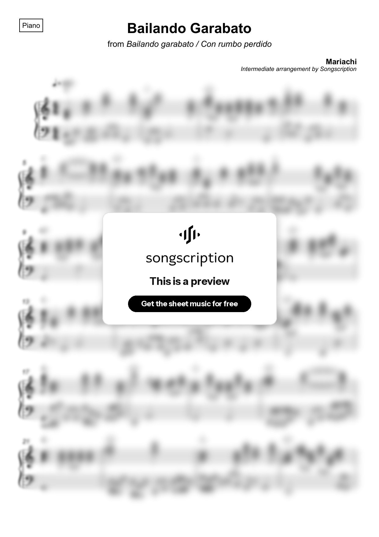 Intermediate Piano Sheet Music for "Bailando Garabato" by Mariachi