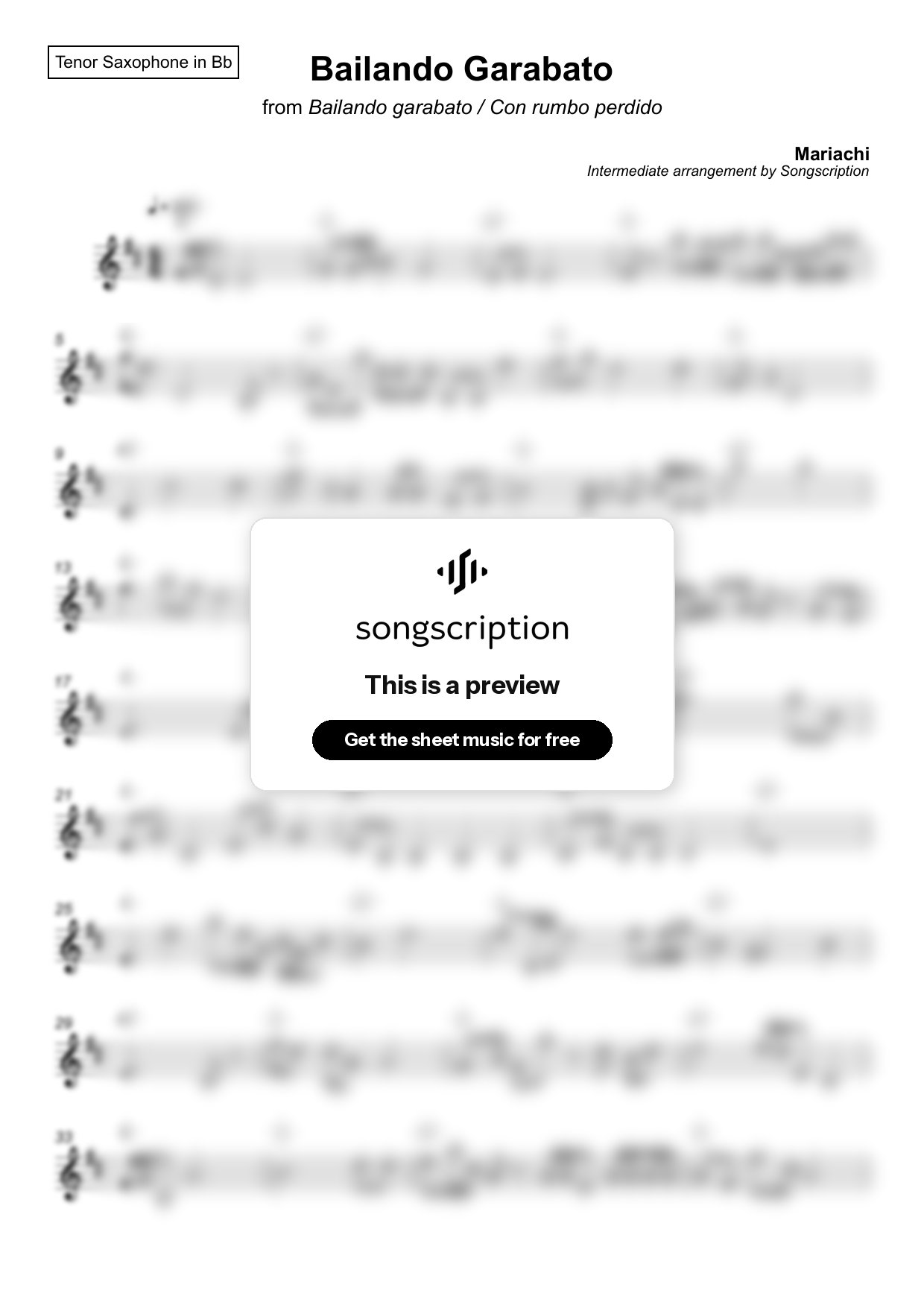 Intermediate Tenor Sax Sheet Music for "Bailando Garabato" by Mariachi