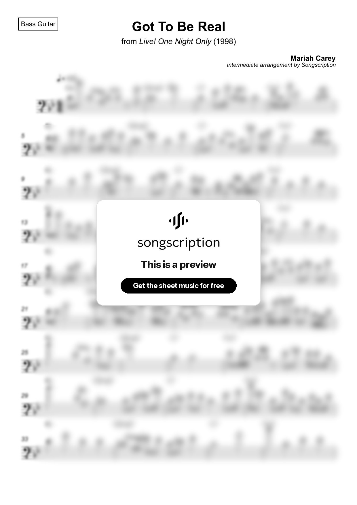 Intermediate Bass Guitar Sheet Music for "Got To Be Real" by Mariah Carey
