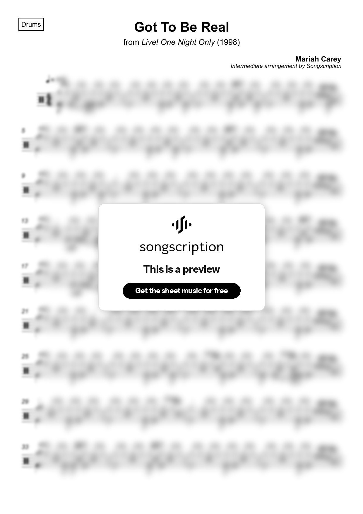 Intermediate Drums Sheet Music for "Got To Be Real" by Mariah Carey
