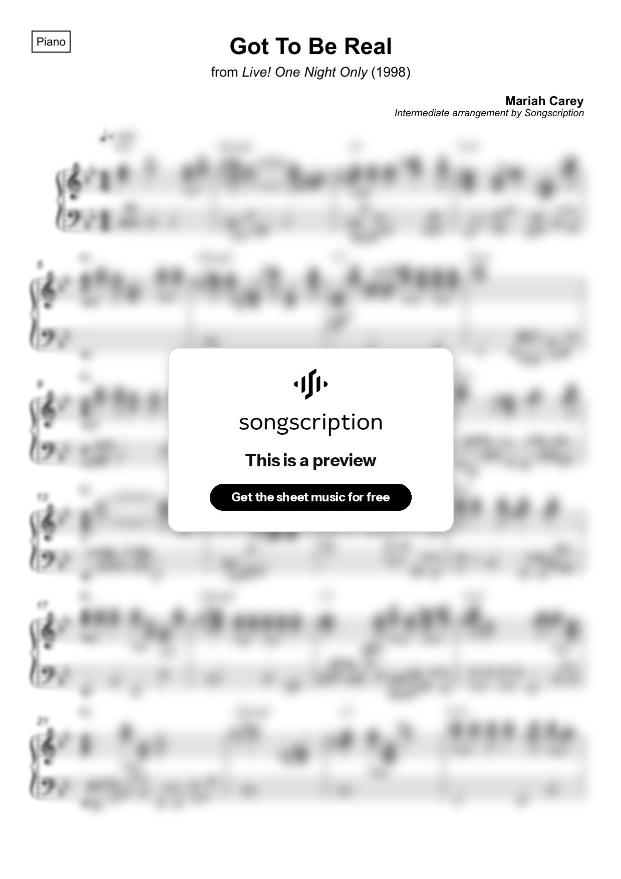 Intermediate Piano Sheet Music for "Got To Be Real" by Mariah Carey