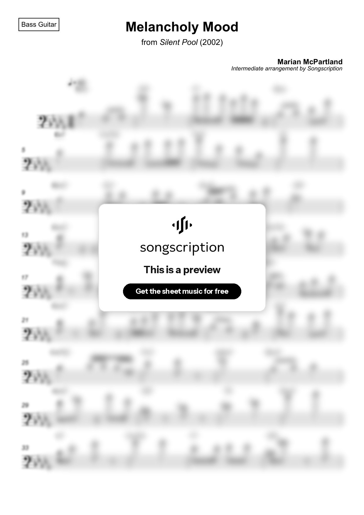 Intermediate Bass Guitar Sheet Music for "Melancholy Mood" by Marian McPartland