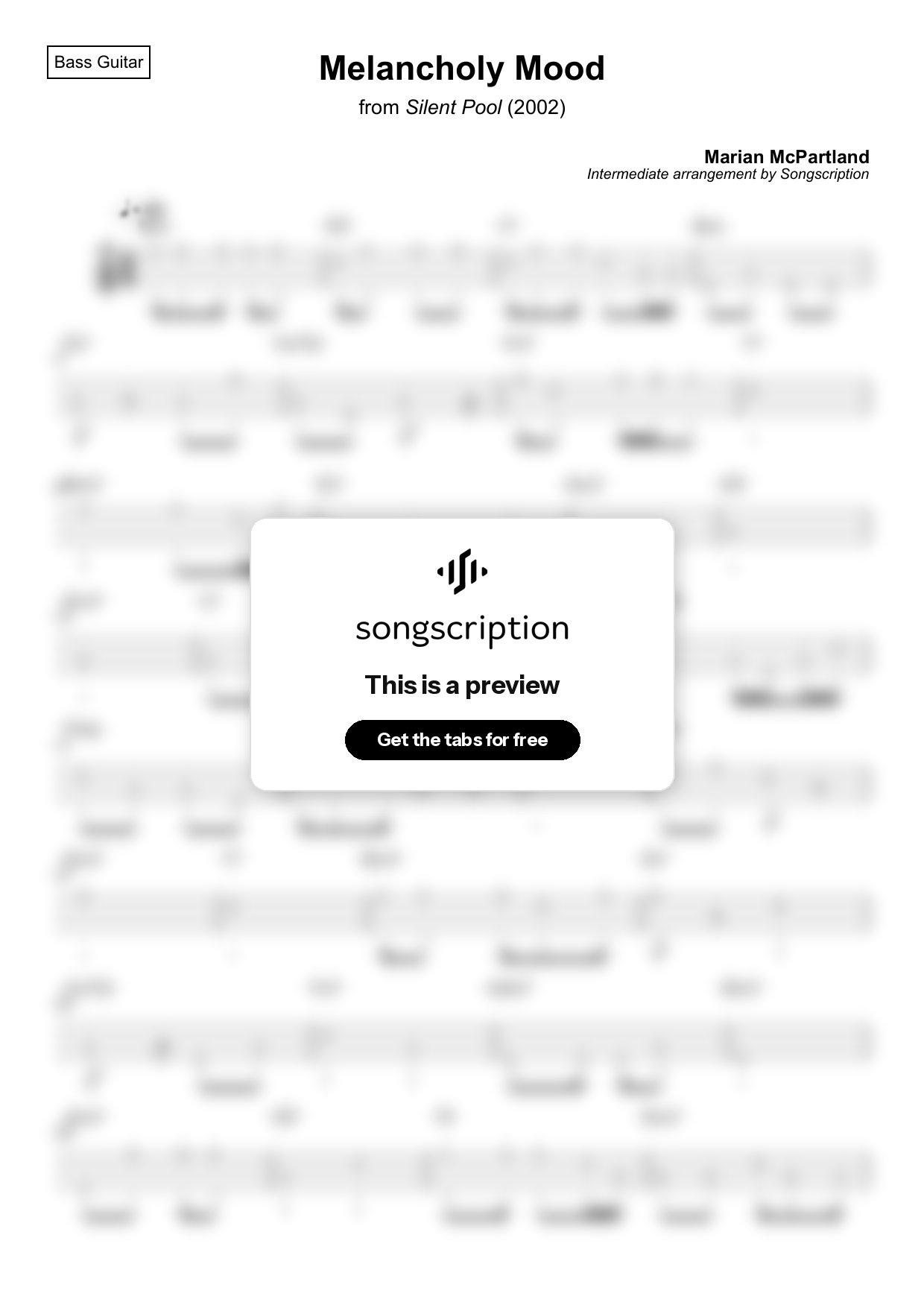Intermediate Bass Guitar Tabs for "Melancholy Mood" by Marian McPartland
