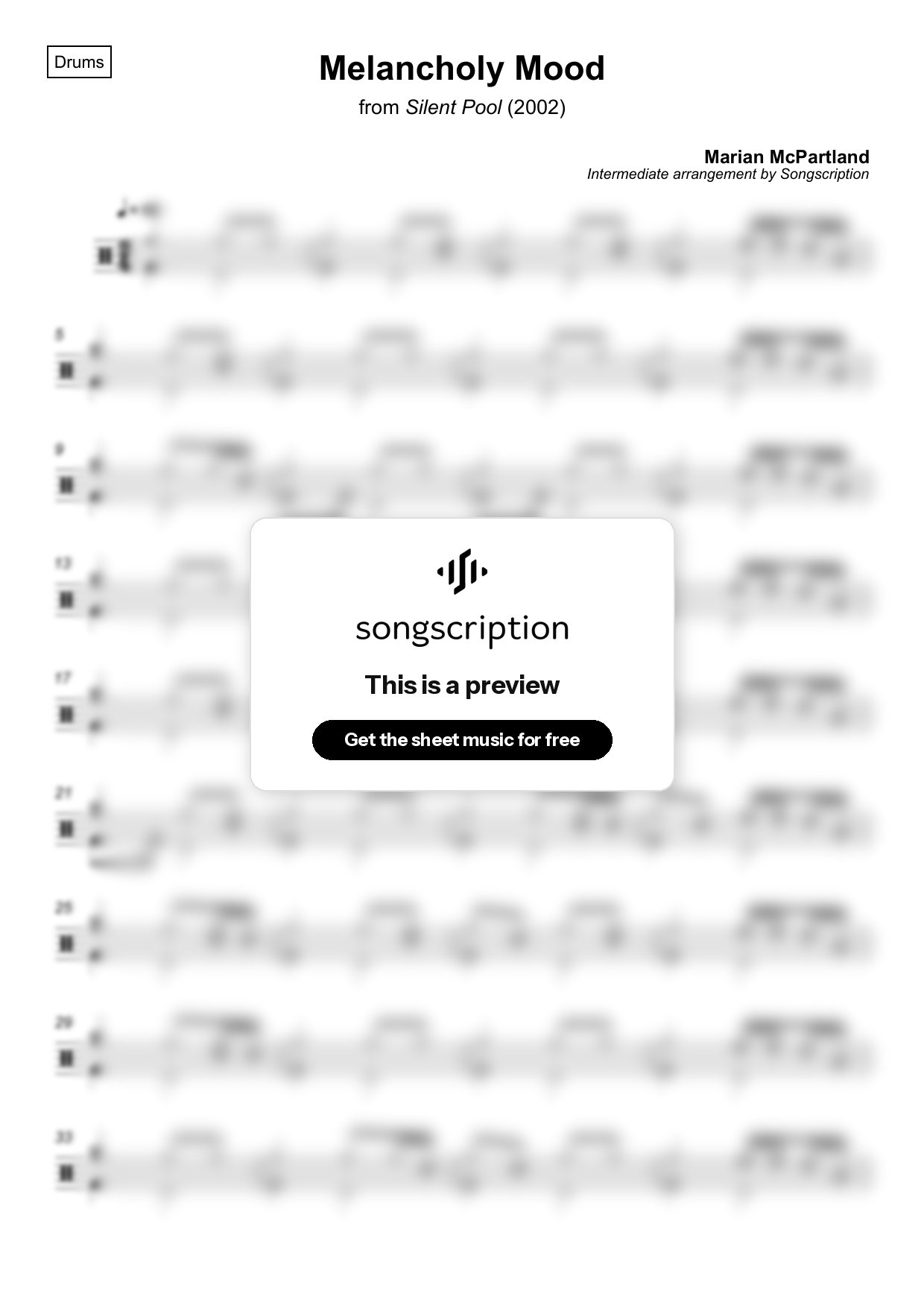 Intermediate Drums Sheet Music for "Melancholy Mood" by Marian McPartland