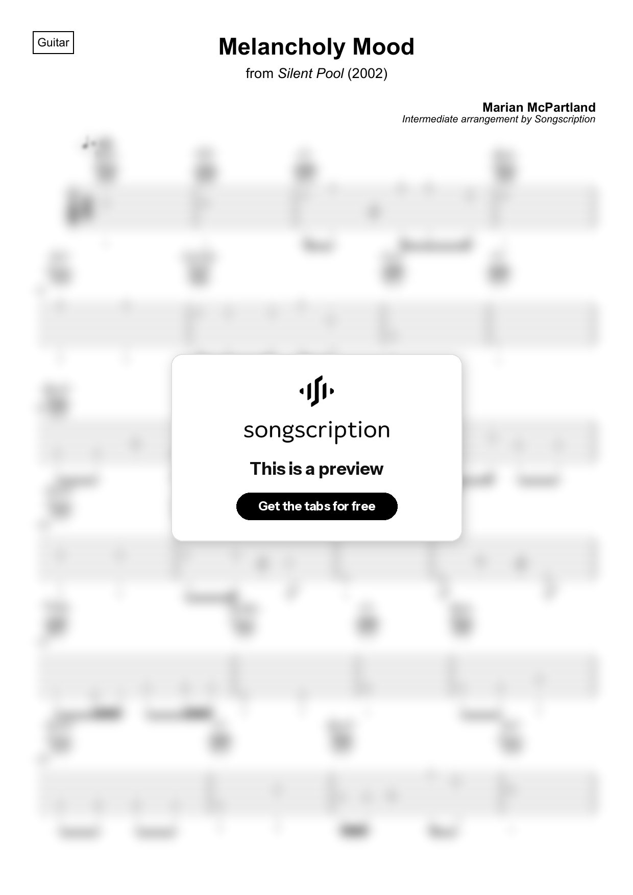 Intermediate Acoustic Guitar Tabs for "Melancholy Mood" by Marian McPartland