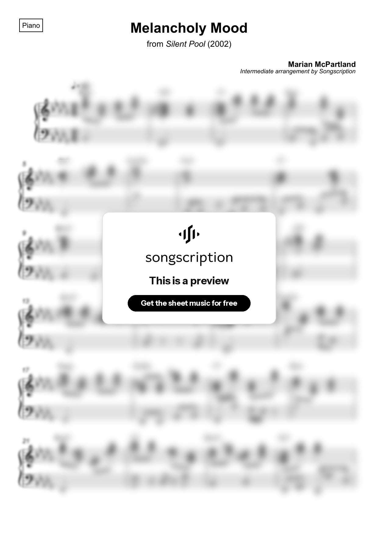 Intermediate Piano Sheet Music for "Melancholy Mood" by Marian McPartland
