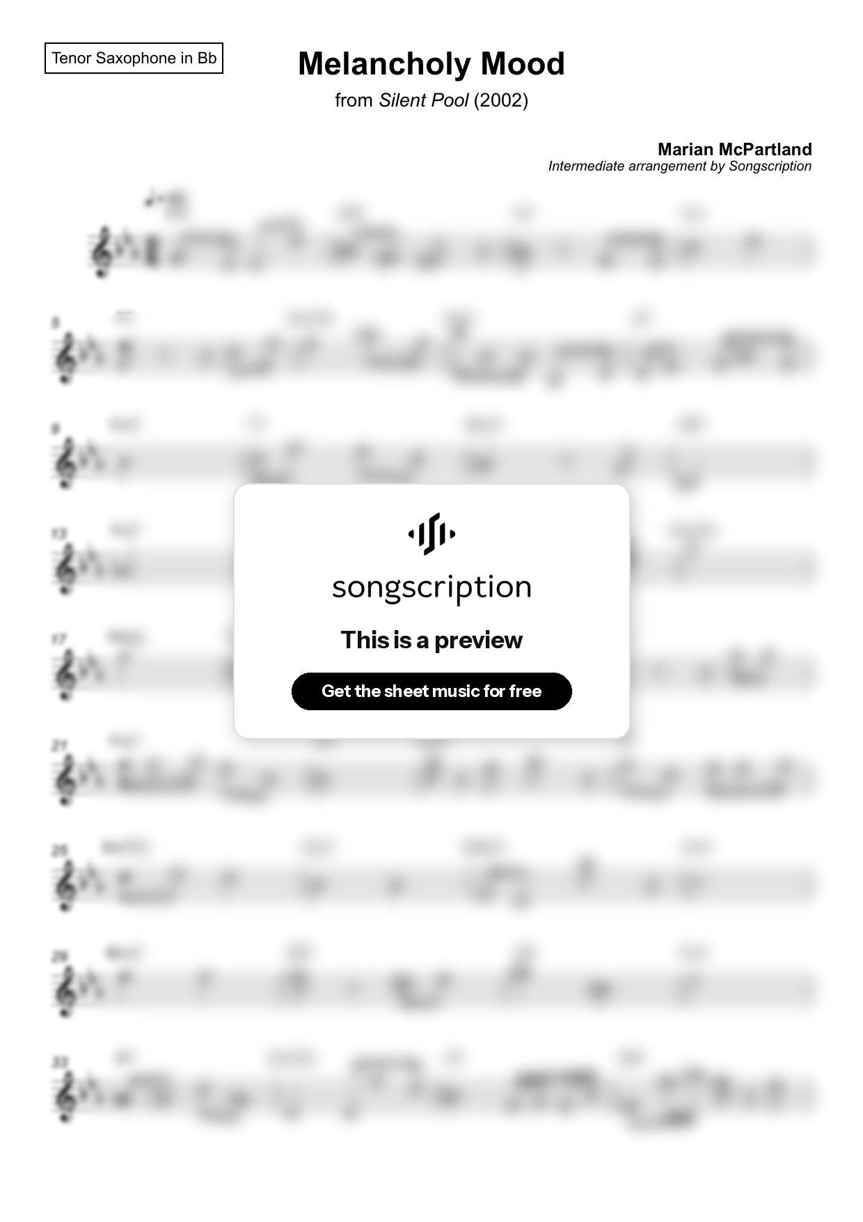 Intermediate Tenor Sax Sheet Music for "Melancholy Mood" by Marian McPartland