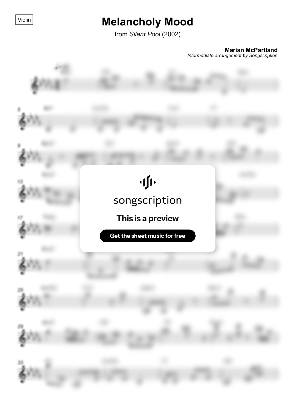 Intermediate Violin Sheet Music for "Melancholy Mood" by Marian McPartland