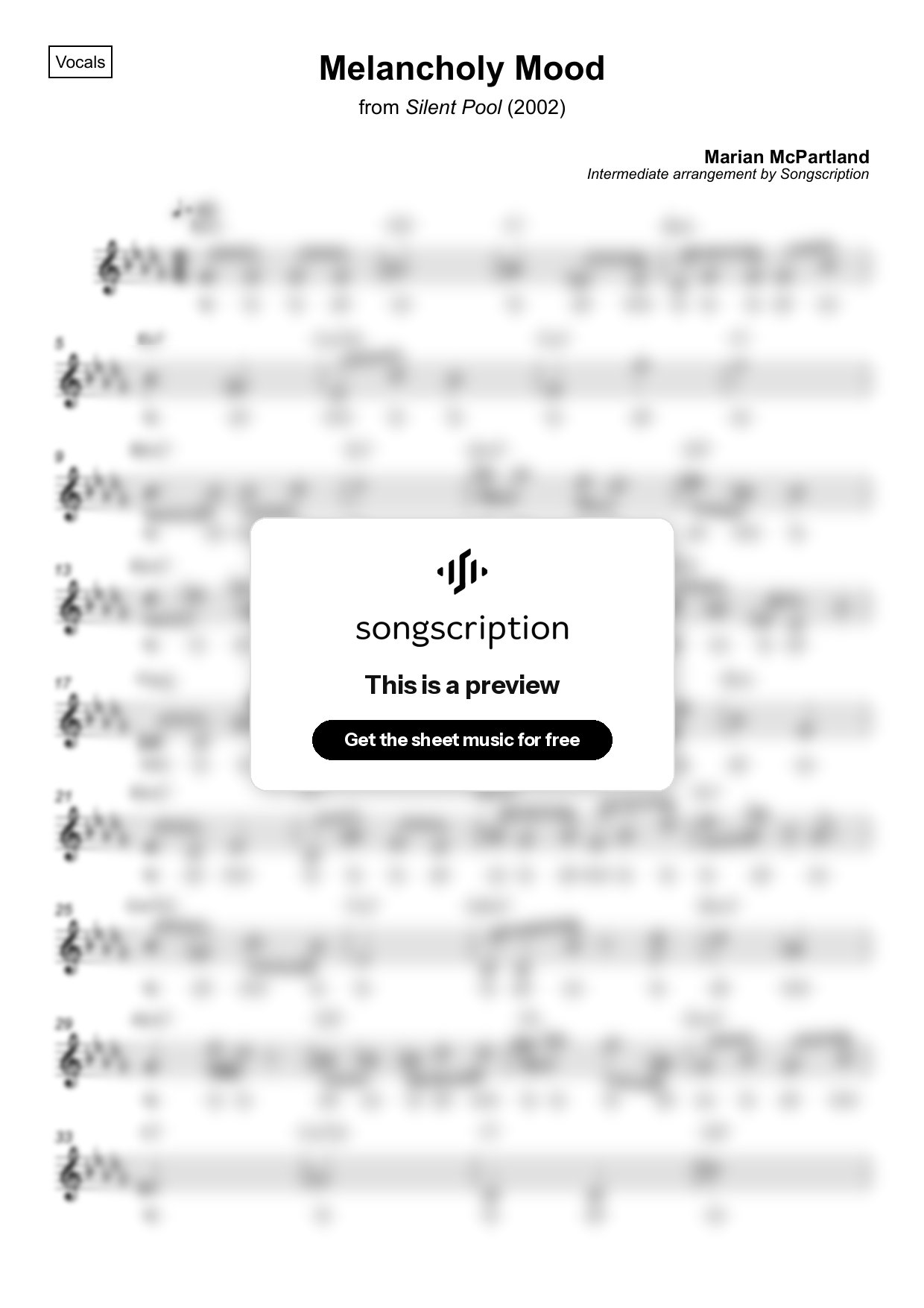 Intermediate Vocals Sheet Music for "Melancholy Mood" by Marian McPartland