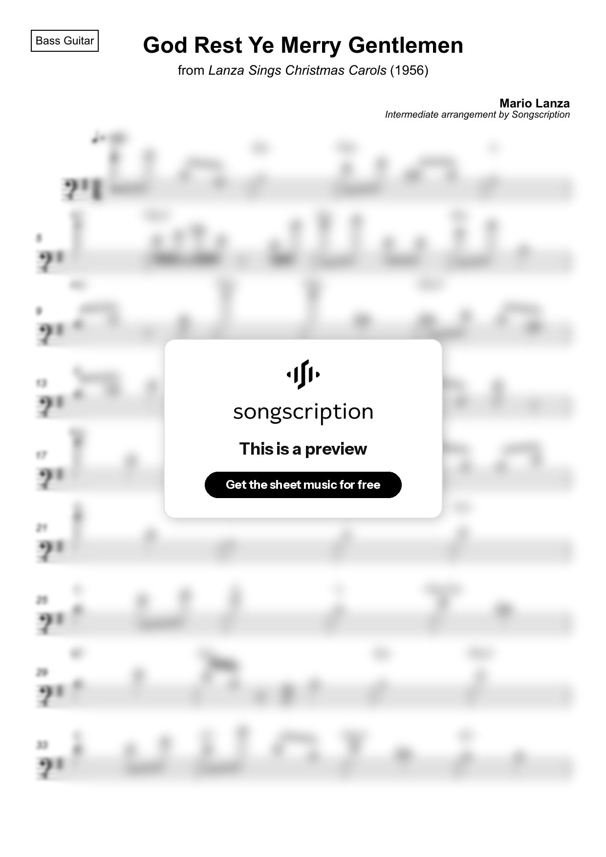 Intermediate Bass Guitar Sheet Music for "God Rest Ye Merry Gentlemen" by Mario Lanza