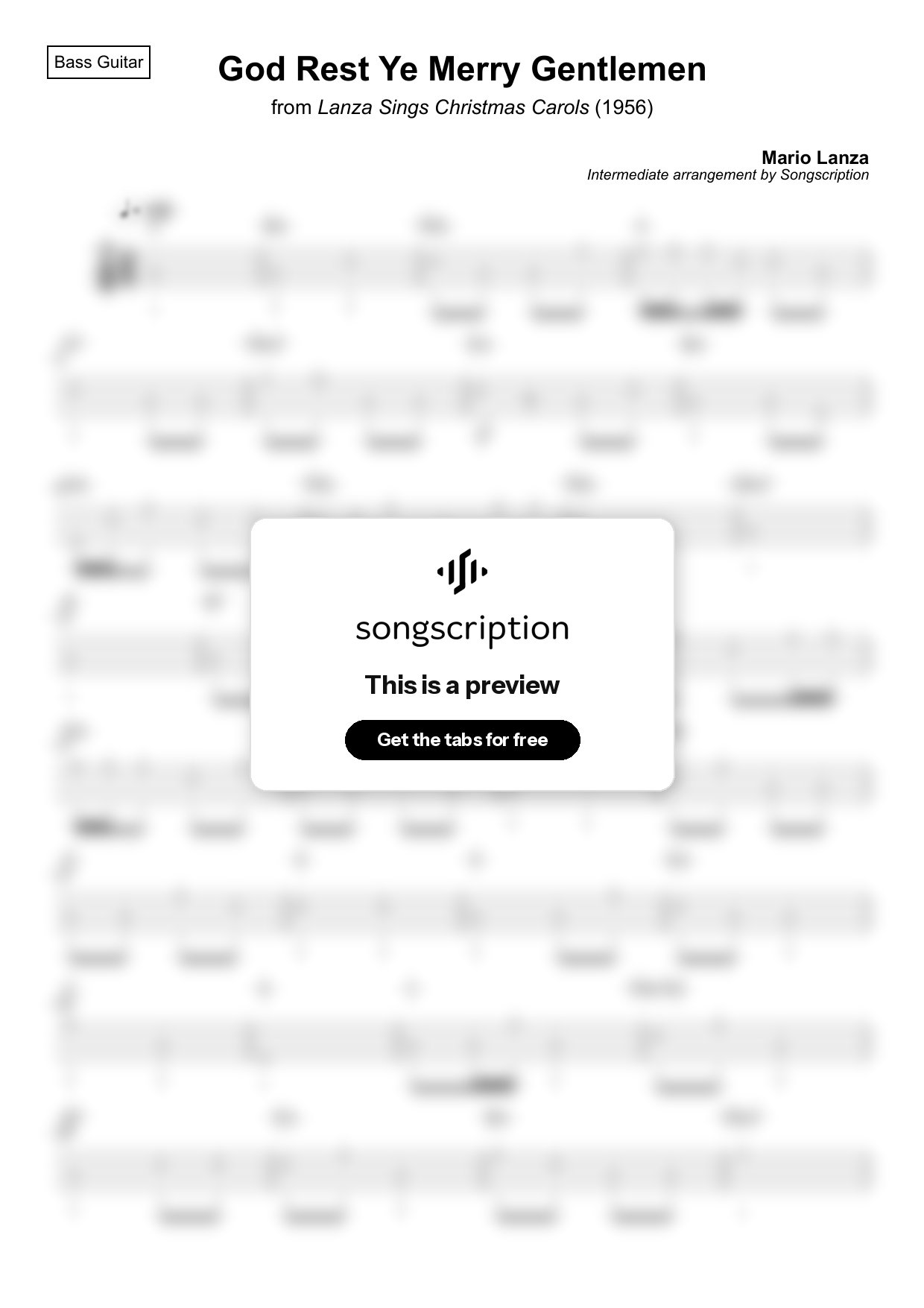 Intermediate Bass Guitar Tabs for "God Rest Ye Merry Gentlemen" by Mario Lanza