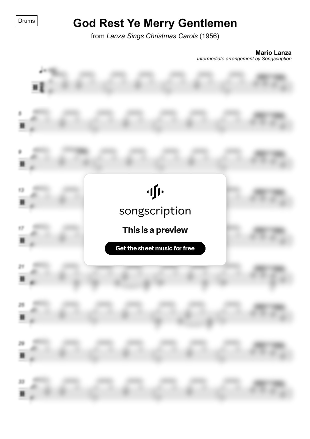 Intermediate Drums Sheet Music for "God Rest Ye Merry Gentlemen" by Mario Lanza