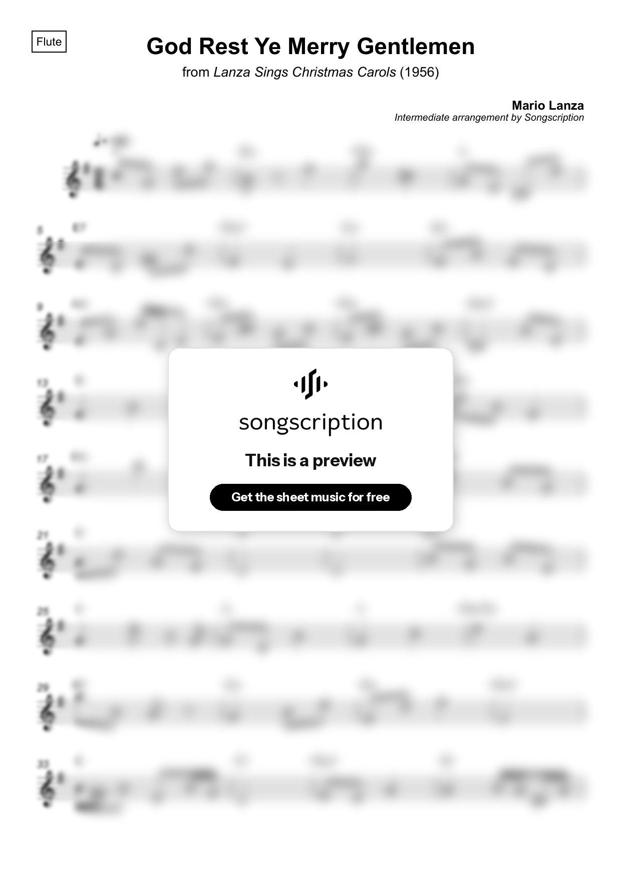 Intermediate Flute Sheet Music for "God Rest Ye Merry Gentlemen" by Mario Lanza