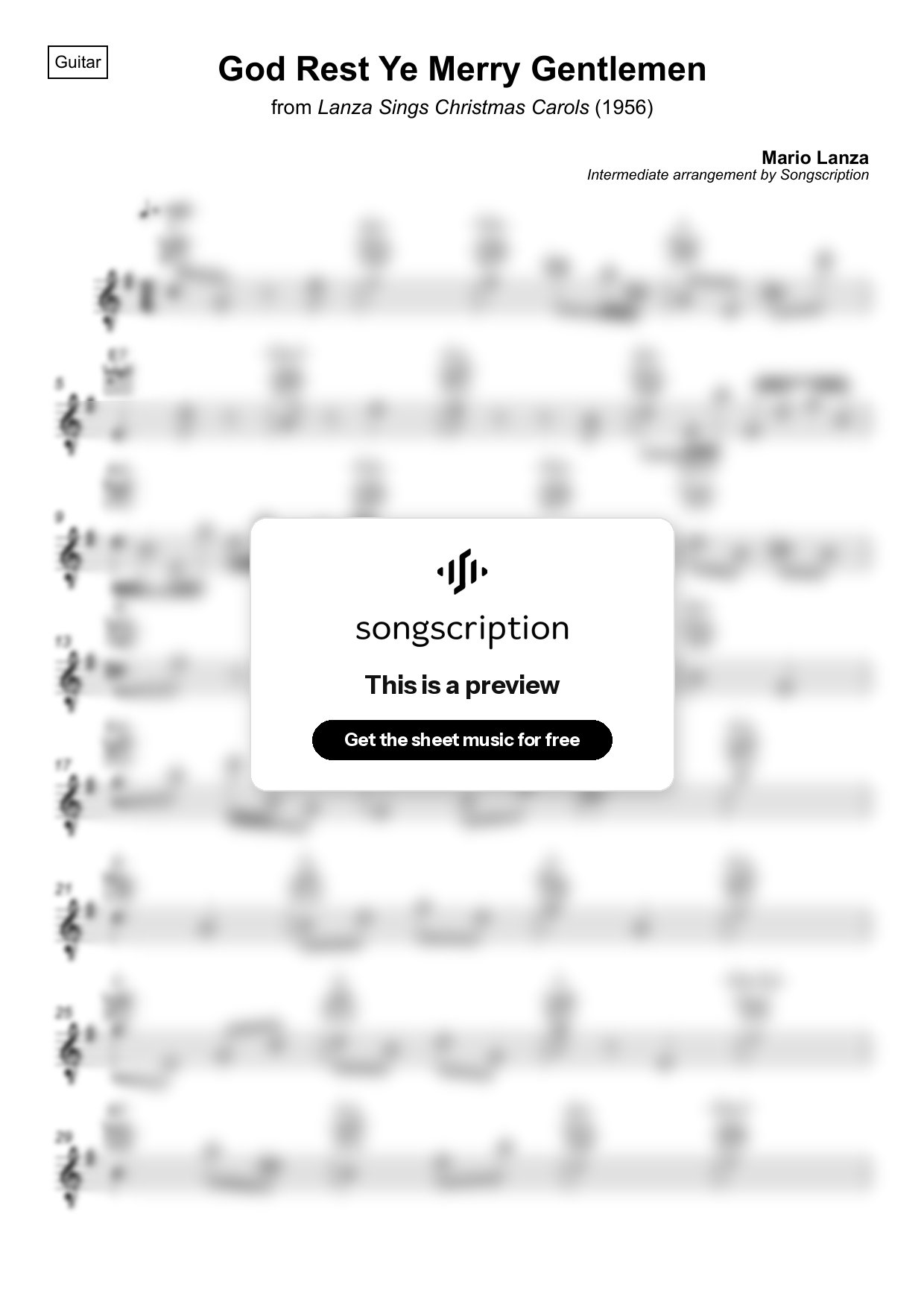 Intermediate Acoustic Guitar Sheet Music for "God Rest Ye Merry Gentlemen" by Mario Lanza