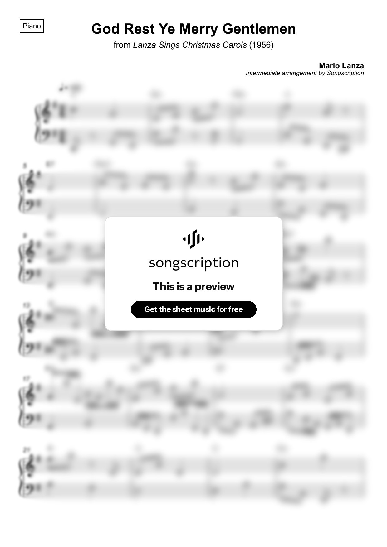Intermediate Piano Sheet Music for "God Rest Ye Merry Gentlemen" by Mario Lanza